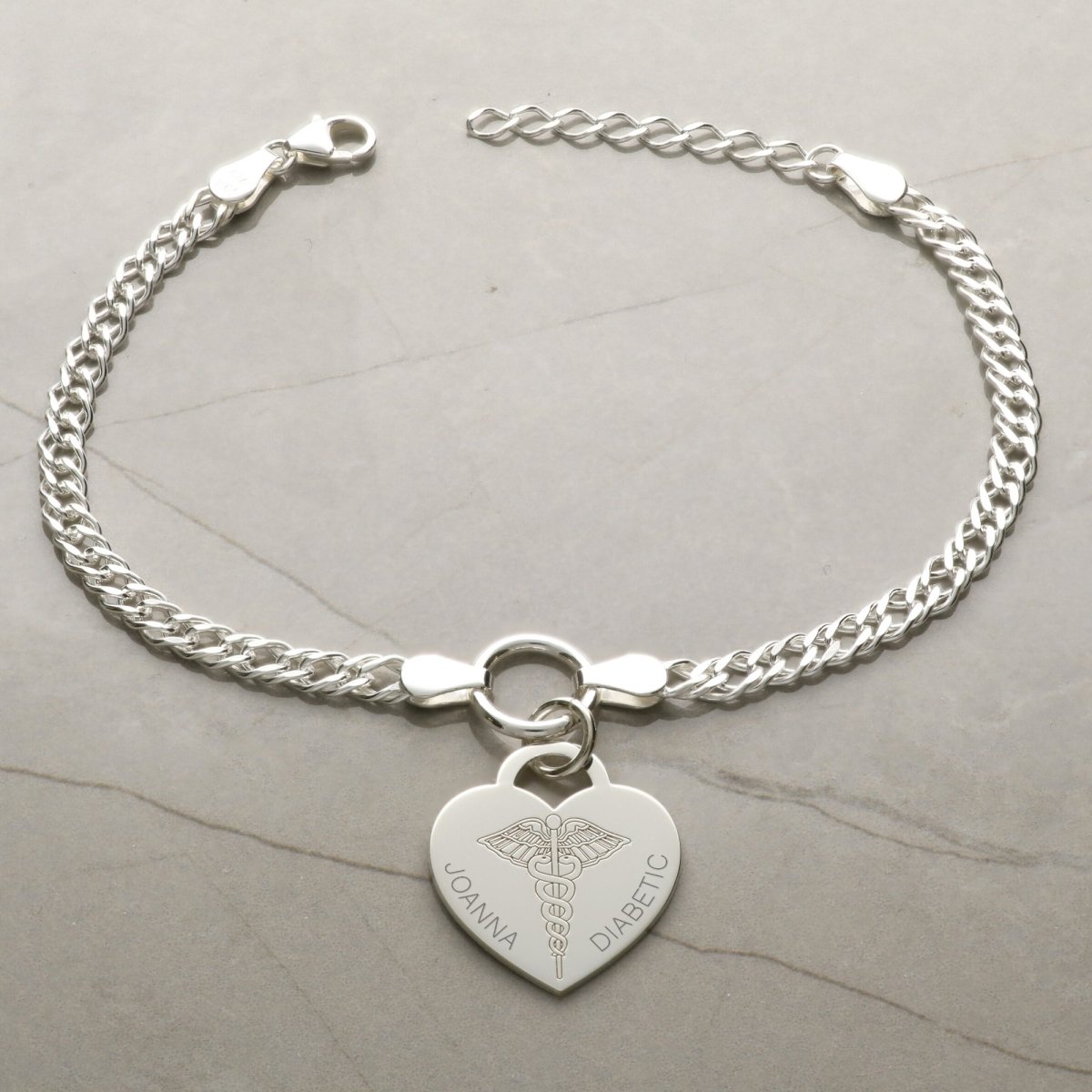 Sterling Silver Medical Alert Heart Charm Double Curb Bracelet - Love Silver Jewellery