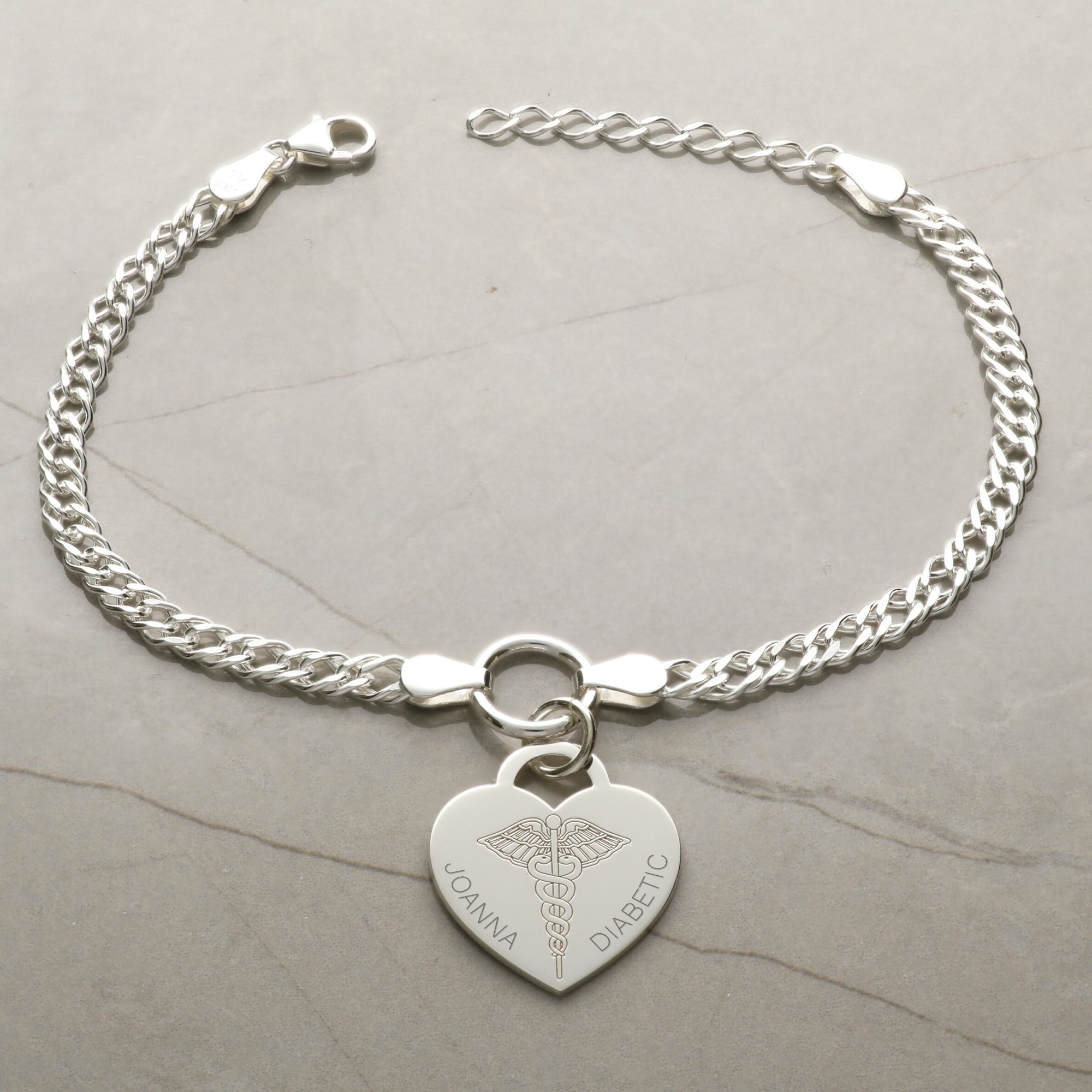 Sterling Silver Medical Alert Heart Charm Double Curb Bracelet