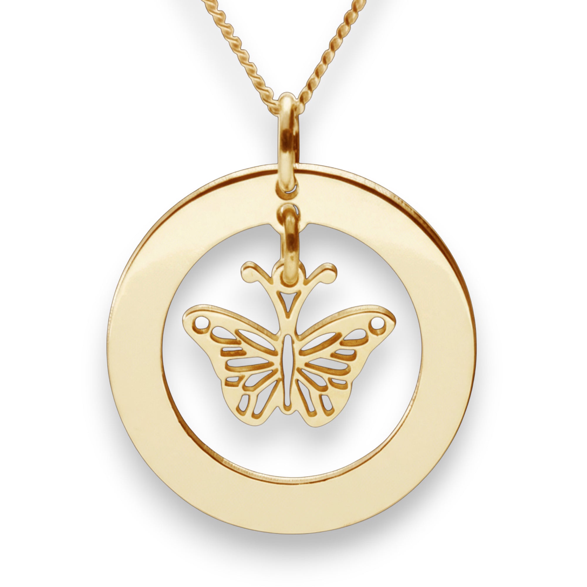 9ct Gold Plated Personalised Disc With Hanging Butterfly Pendant Necklace