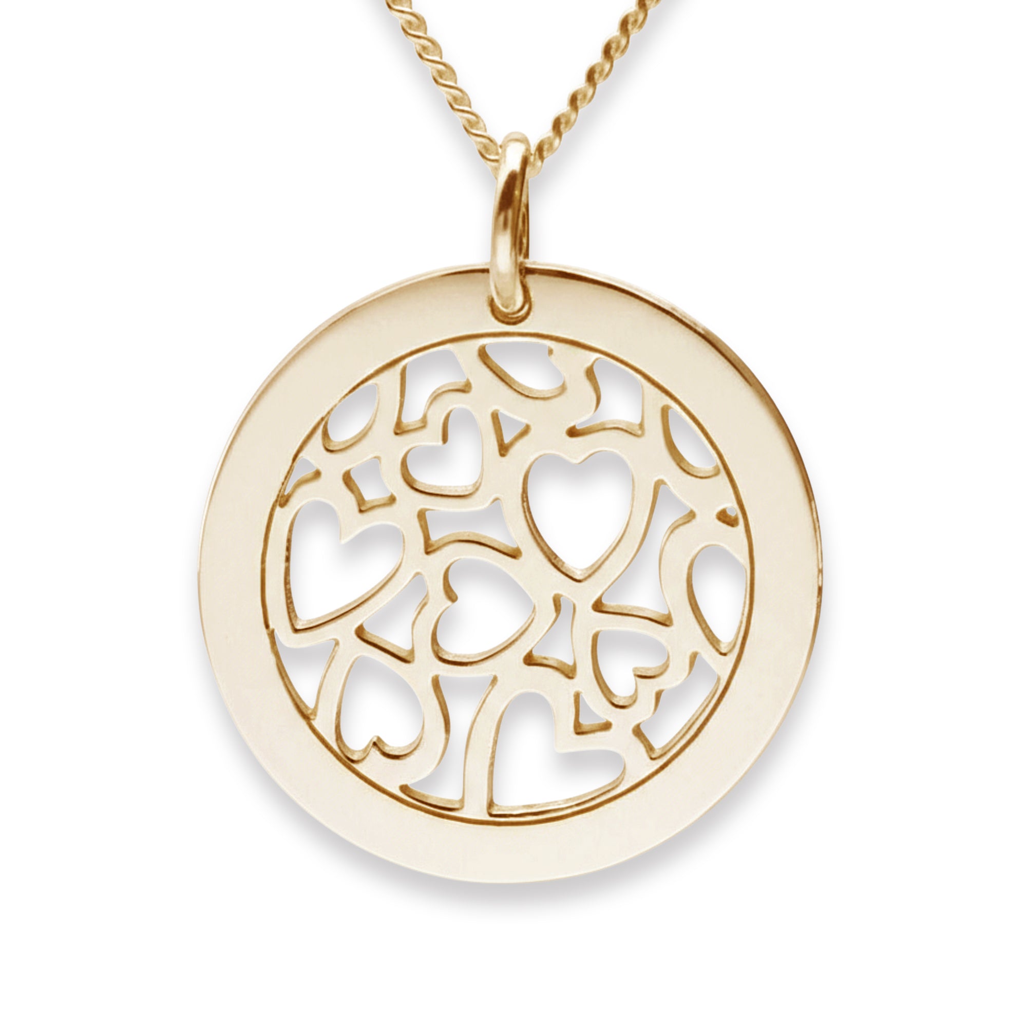 Yellow Gold Plated Hearts in Engraved Disc Necklace