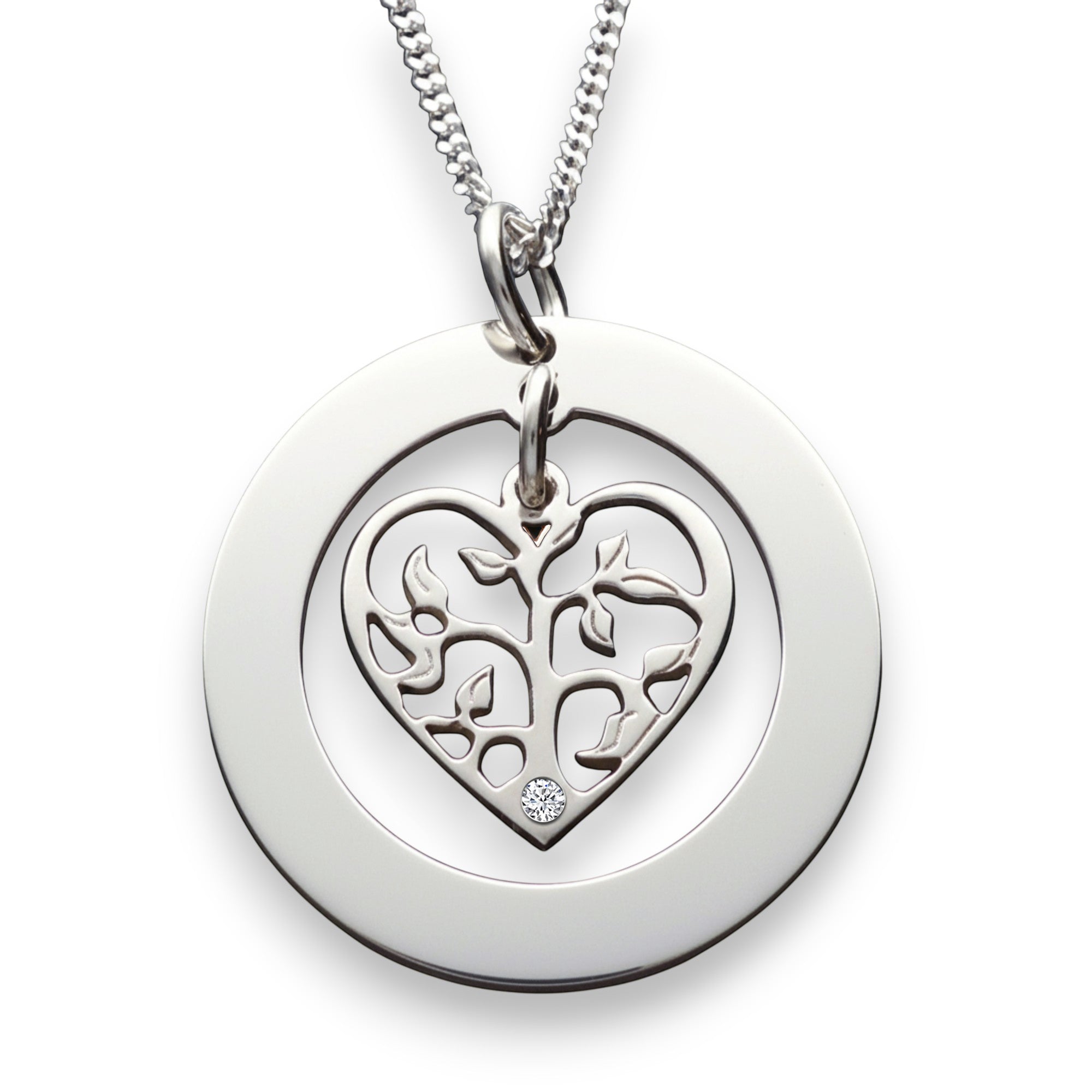 Sterling Silver Filigree Heart Tree of Life Family Necklace With Crystal Or Real Diamond