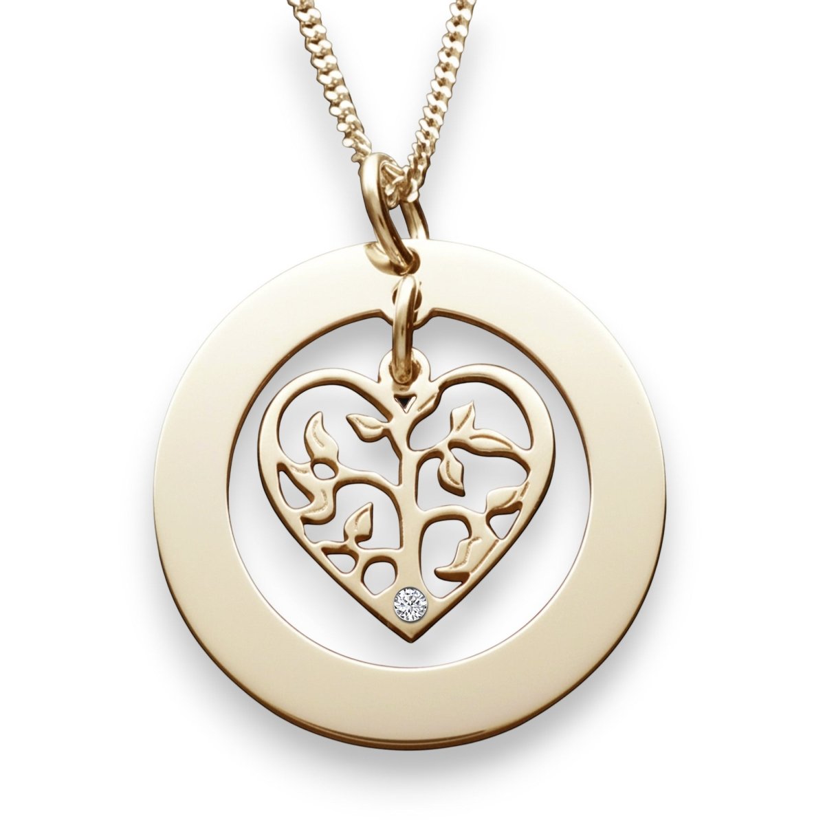 9ct Yellow Gold Filigree Heart Tree of Life Family Necklace With Diamond - Love Silver Jewellery
