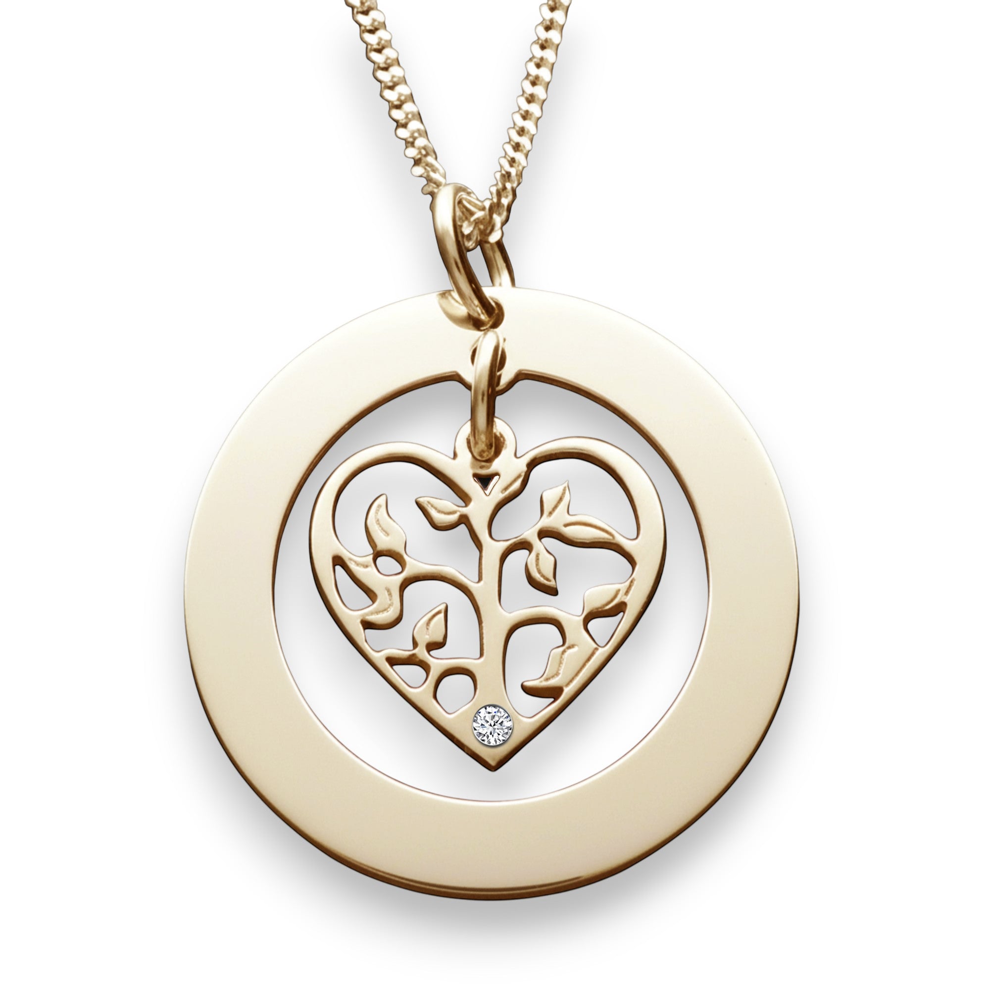 9ct Yellow Gold Filigree Heart Tree of Life Family Necklace With Diamond