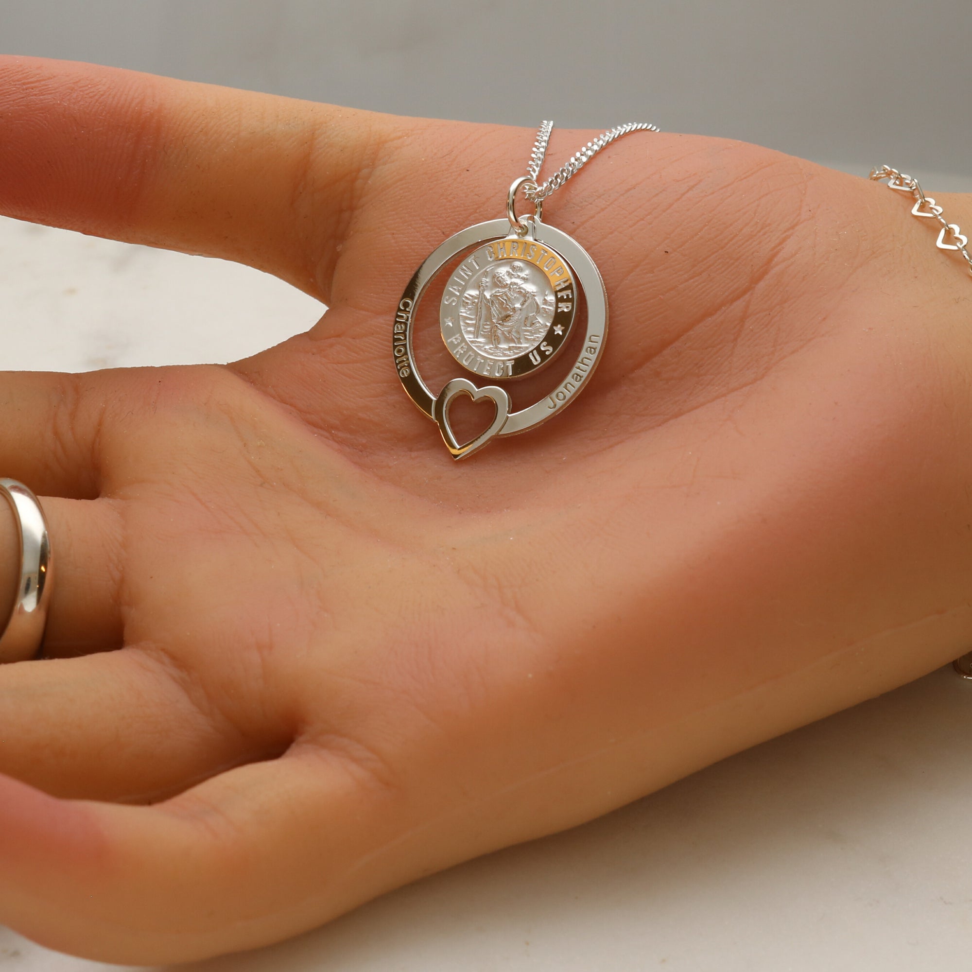 Sterling Silver Personalised Heart 3D St Christopher Family Necklace