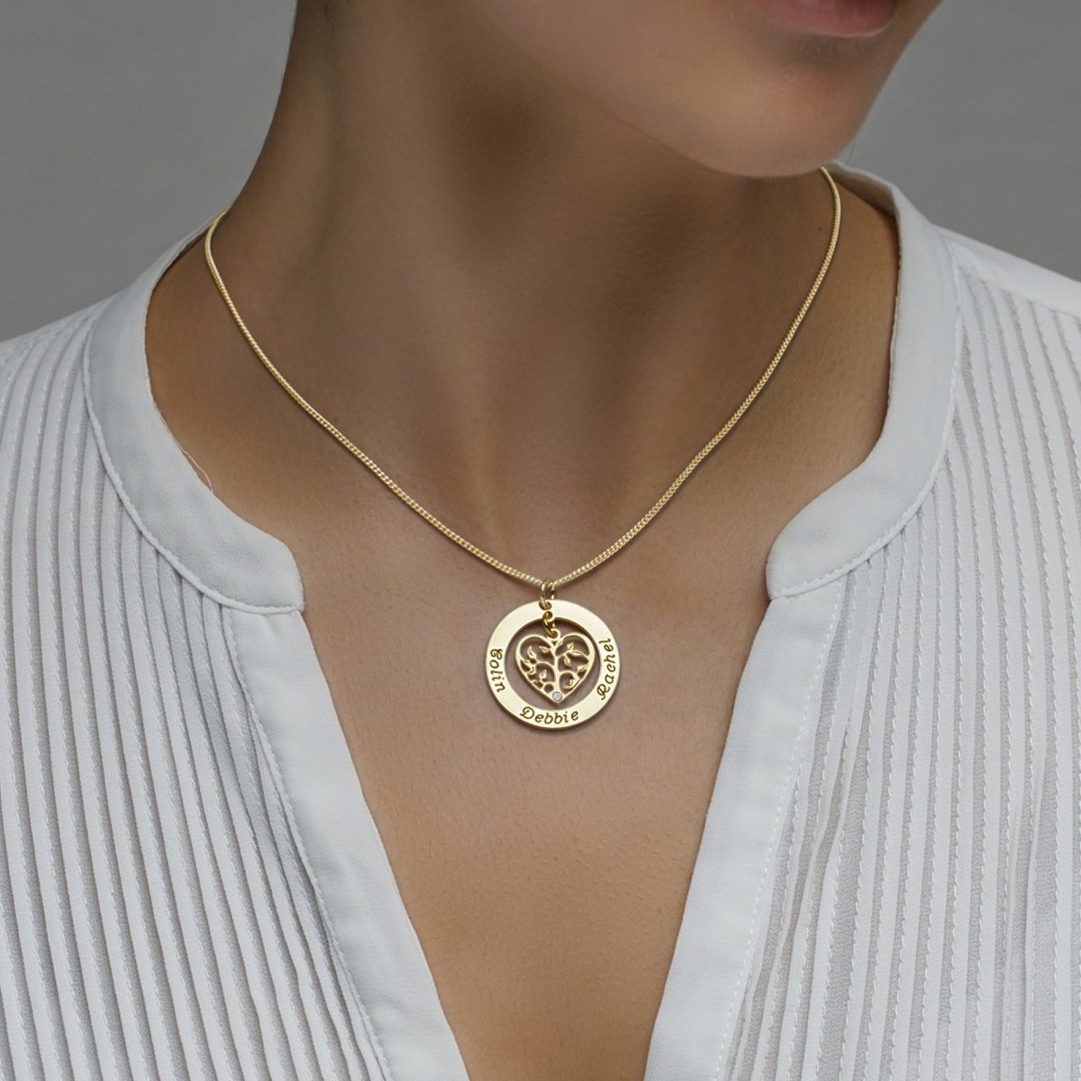 9ct Yellow Gold Filigree Heart Tree of Life Family Necklace With Diamond - Love Silver Jewellery