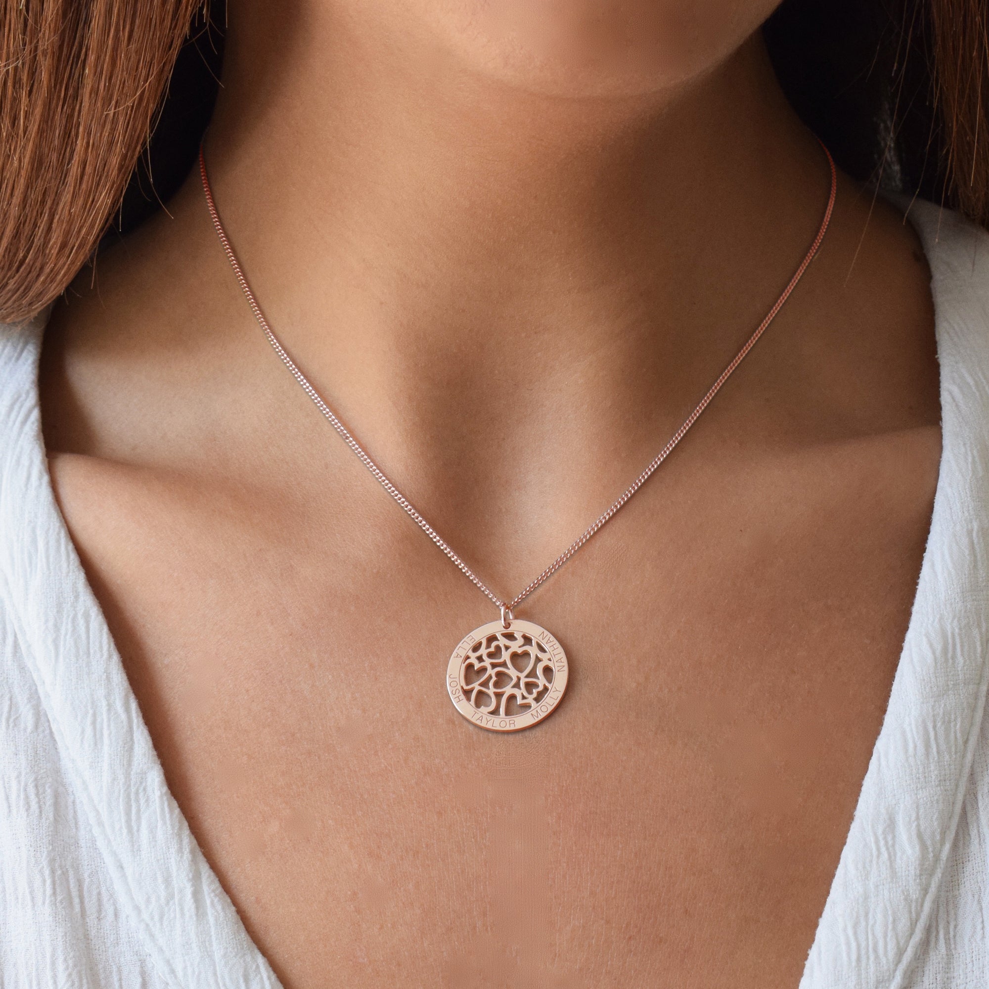 9ct Rose Gold Plated Hearts in Engraved Disc Necklace