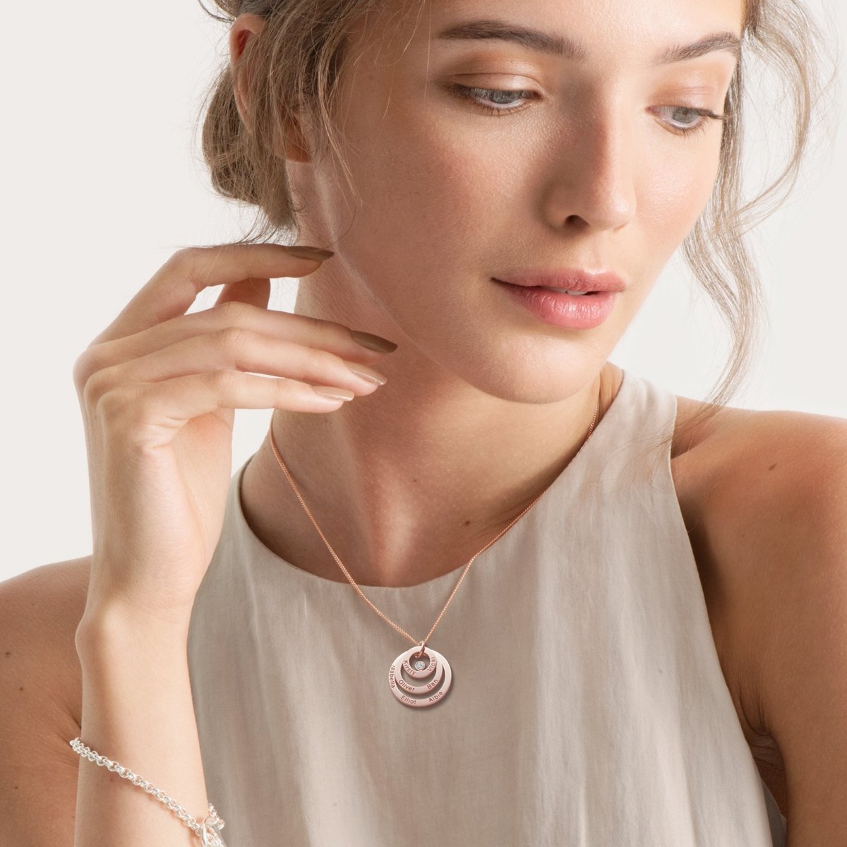 9ct Solid Rose Gold Engraved Triple Disc Personalised Family Necklace With Diamond & Optional Chain - Love Silver Jewellery