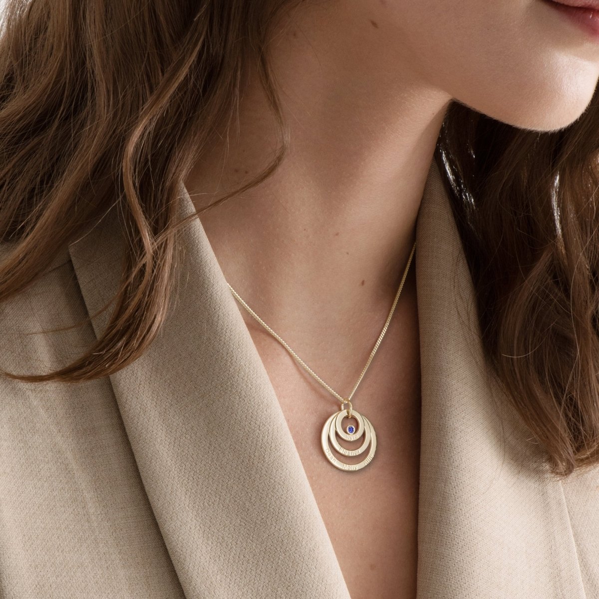 9ct Solid Yellow Gold Engraved Triple Disc Personalised Family Necklace With Sapphire & Optional Chain - Love Silver Jewellery
