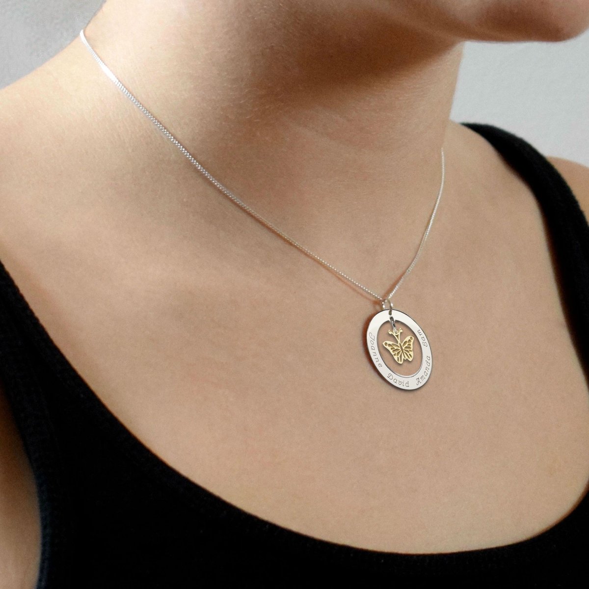 Sterling Silver Personalised Disc With Gold Plated Hanging Butterfly Pendant Necklace - Love Silver Jewellery