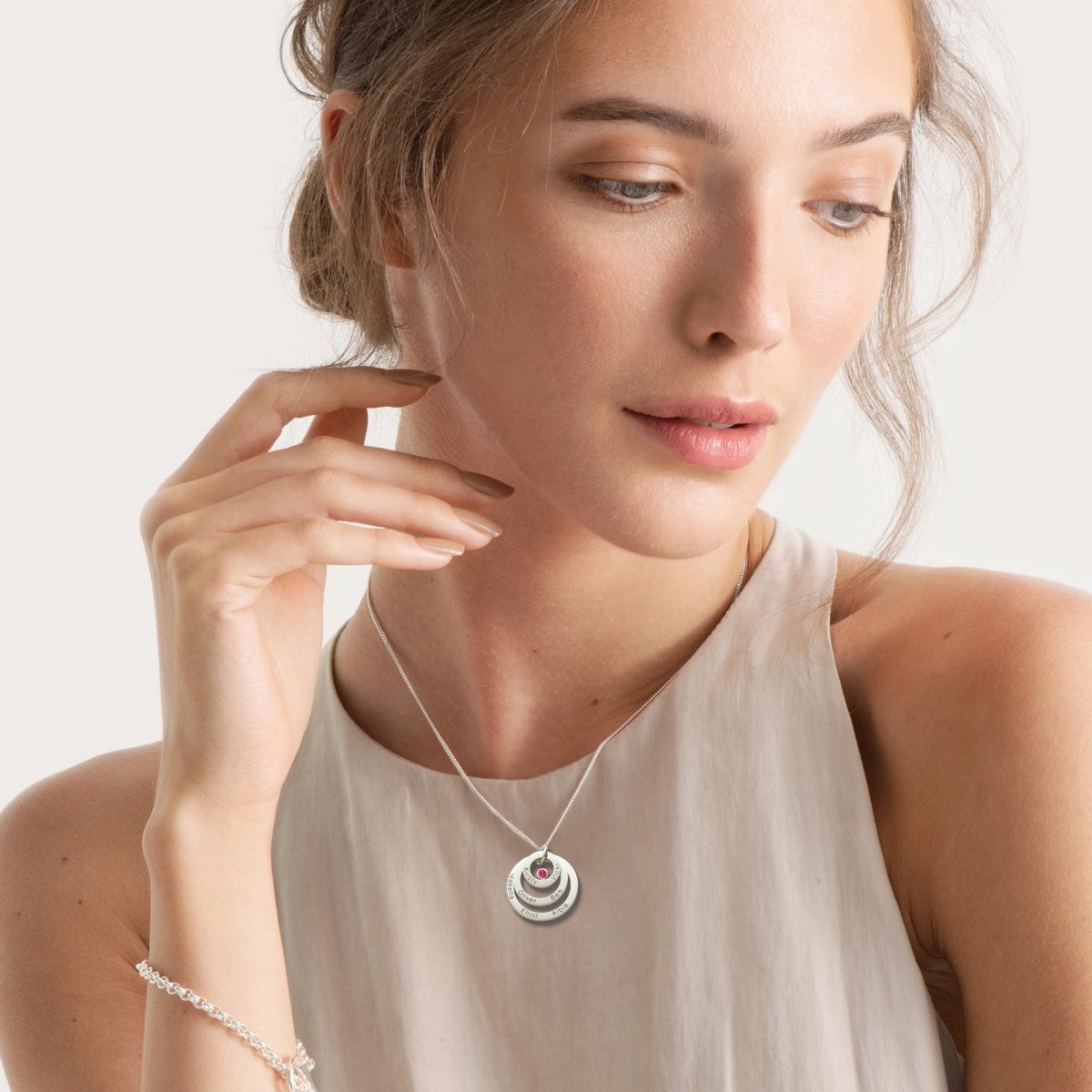 Sterling Silver Engraved Triple Disc Personalised Family Necklace With Ruby - Love Silver Jewellery