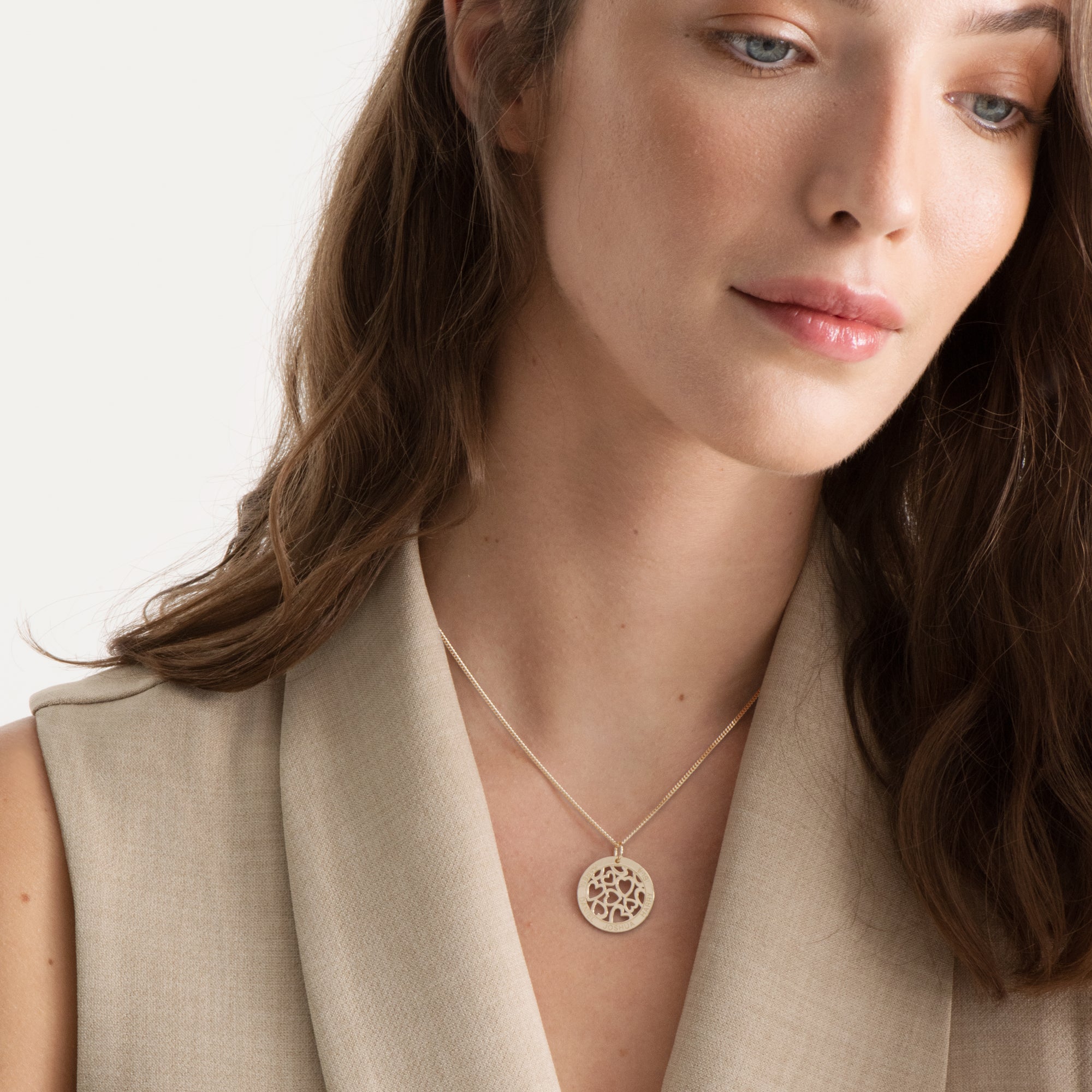 Yellow Gold Plated Hearts in Engraved Disc Necklace