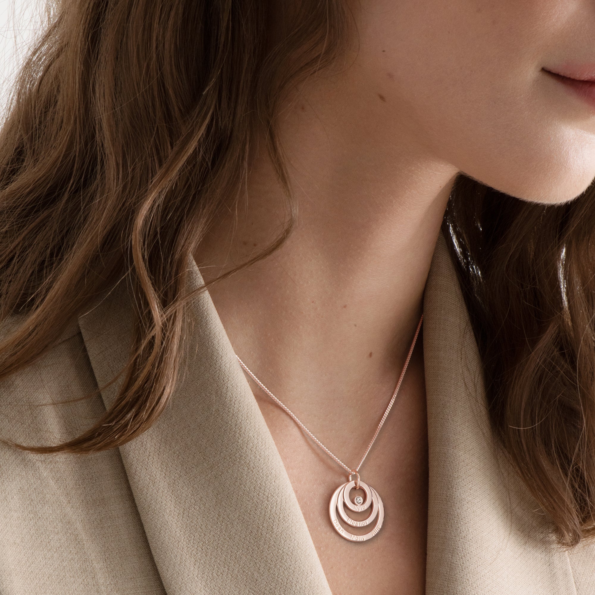 9ct Solid Rose Gold Engraved Triple Disc Personalised Family Necklace With Diamond & Optional Chain