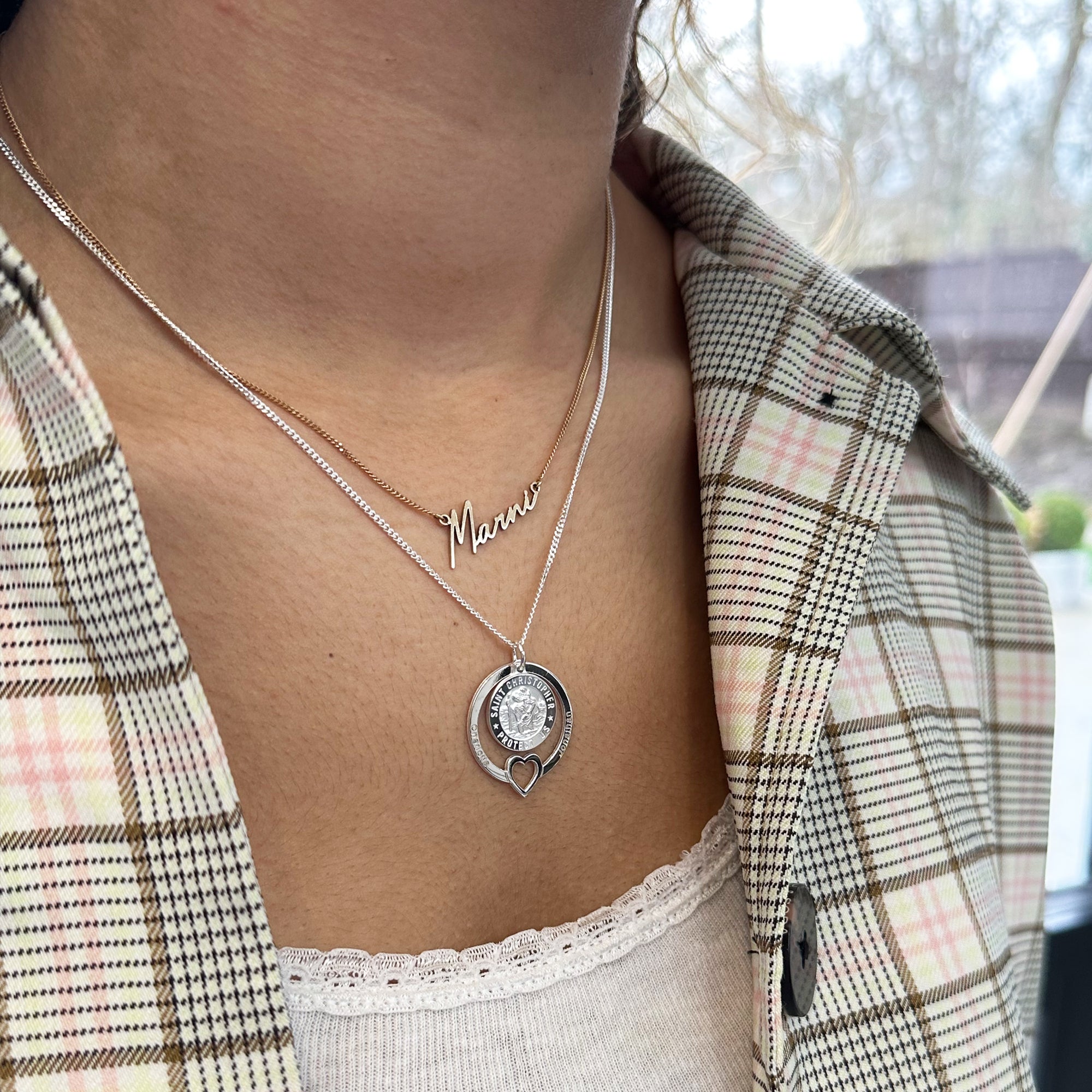 Sterling Silver Personalised Heart 3D St Christopher Family Necklace