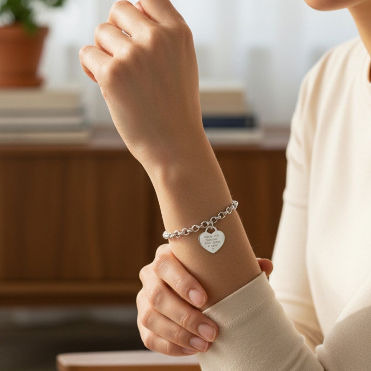 Sterling Silver T Bar Bracelet With Heart Charm and Engraving - Love Silver Jewellery