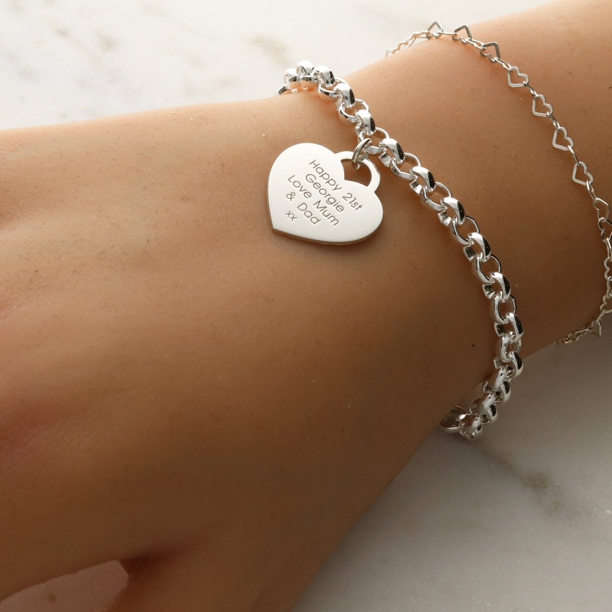 Sterling Silver T Bar Bracelet With Heart Charm and Engraving - Love Silver Jewellery