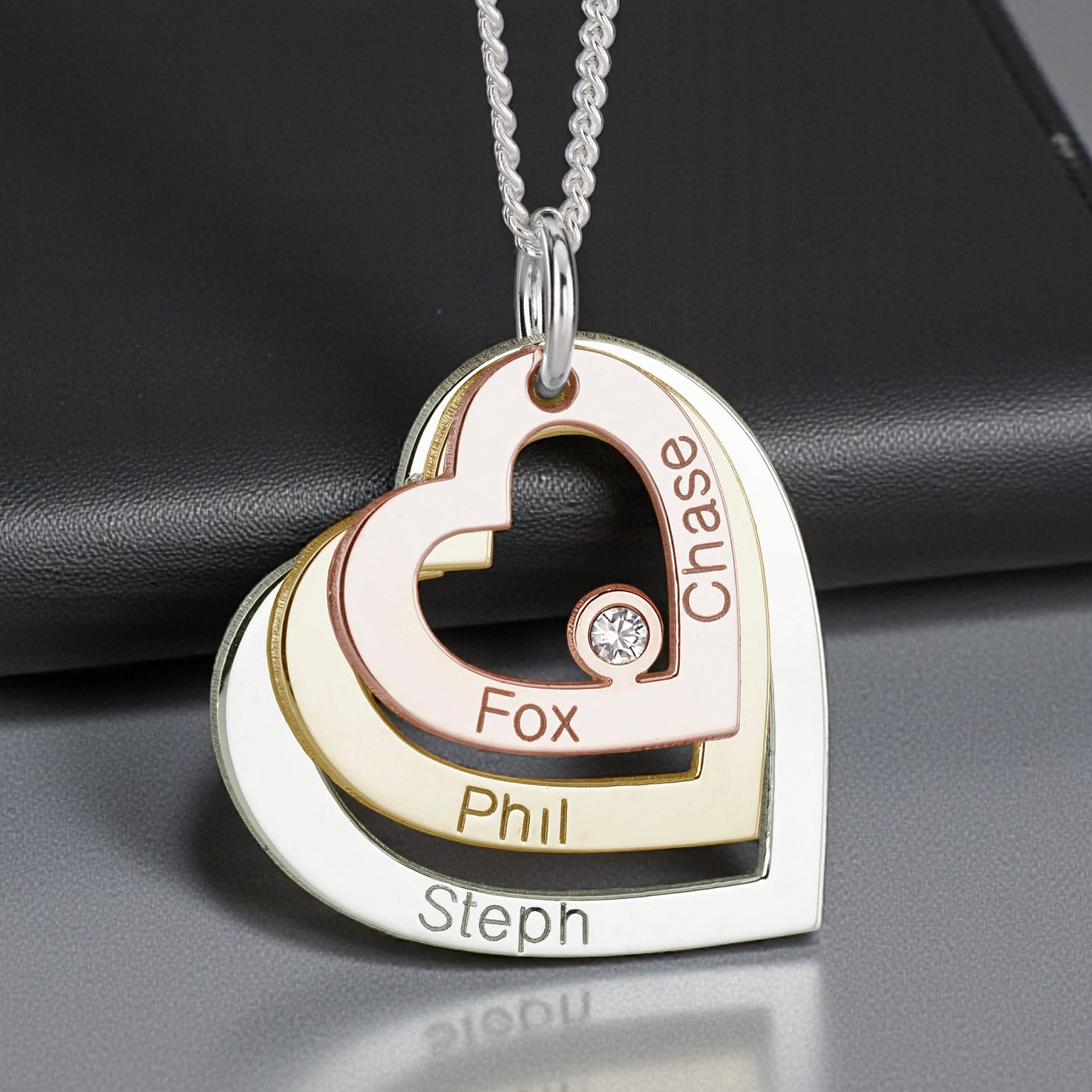 Three Colour Gold Plated Triple Heart Family Pendant With Diamond & Optional Chain