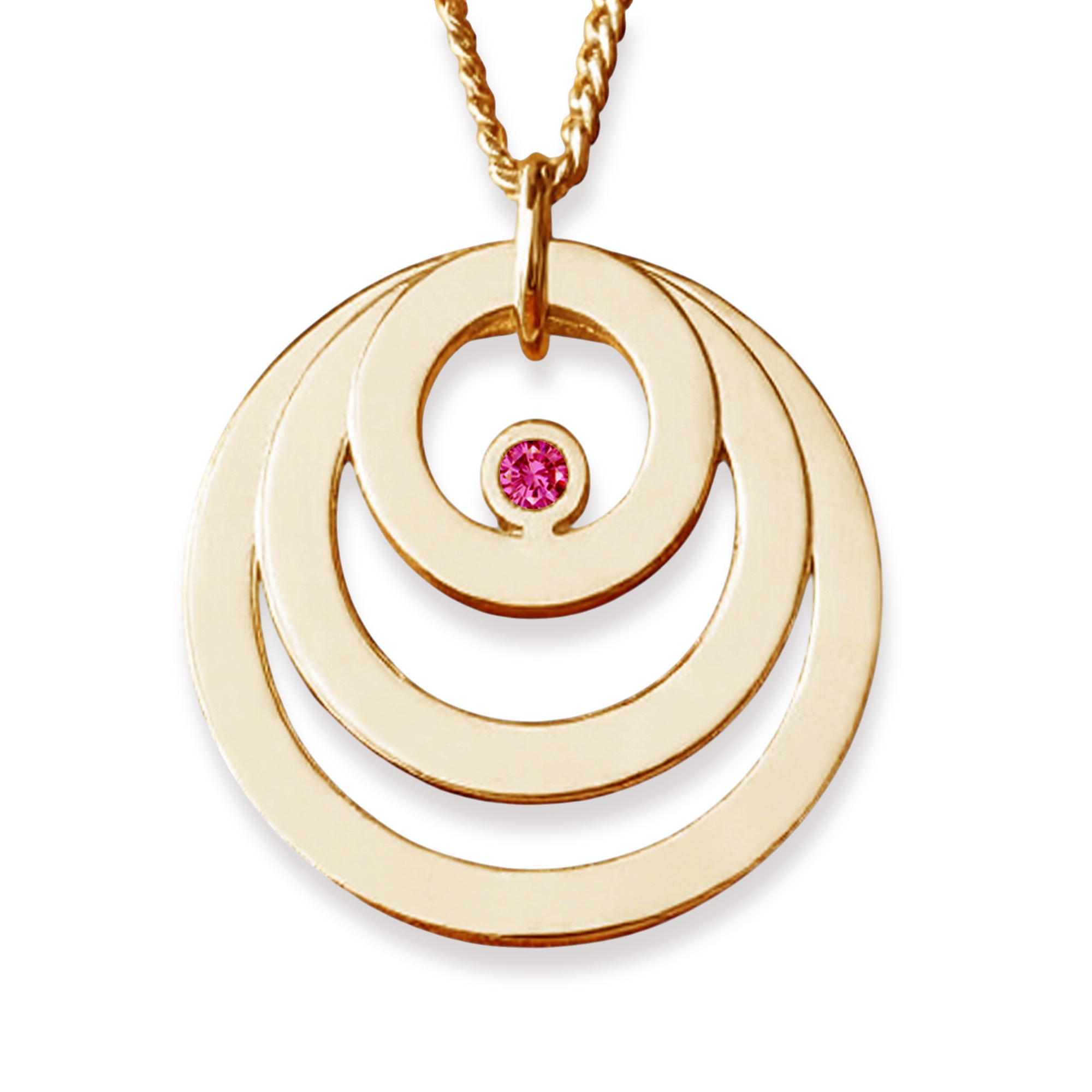 9ct Solid Yellow Gold Engraved Triple Disc Personalised Family Necklace With Ruby & Optional Chain