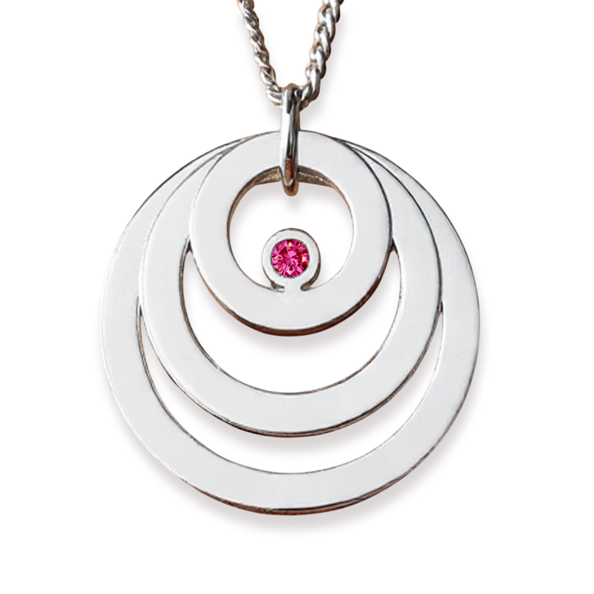 Sterling Silver Engraved Triple Disc Personalised Family Necklace With Ruby