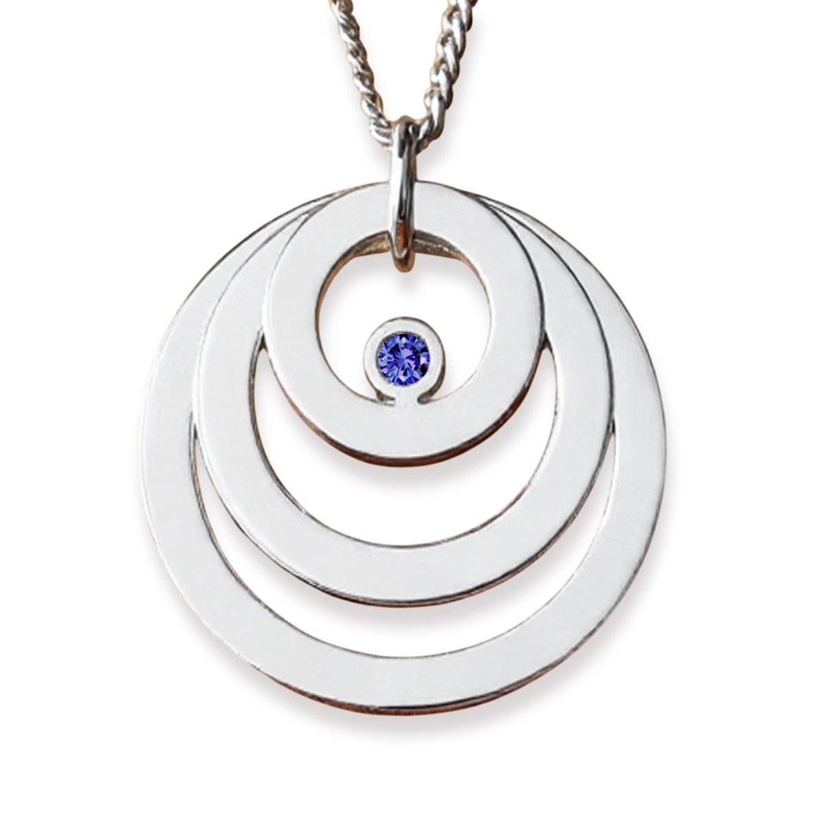 9ct White Gold Engraved Triple Disc Personalised Family Necklace With Sapphire - Love Silver Jewellery
