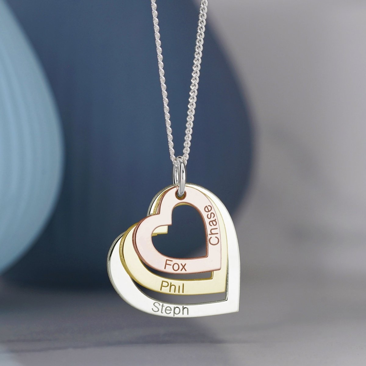 Three Colour 9ct Gold Triple Heart Personalised Family Necklace - Love Silver Jewellery