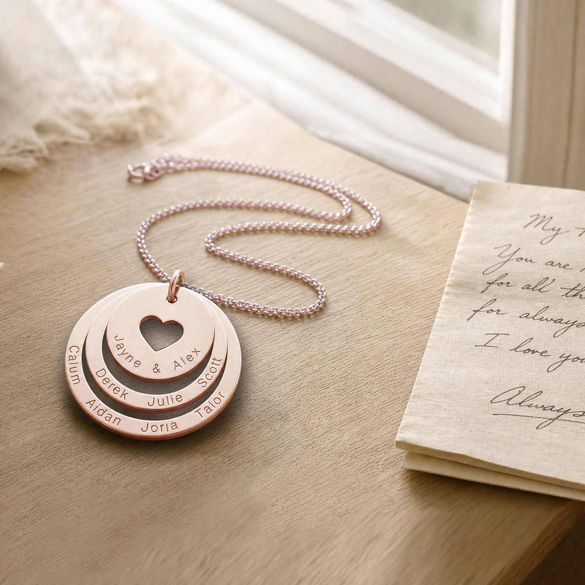 9ct Rose Gold Two Disc Cut Out Heart Personalised Family Necklace