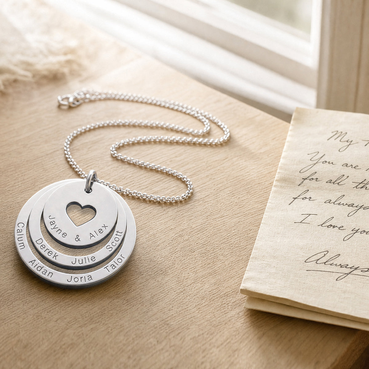 9ct White Gold Two Disc Cut Out Heart Personalised Family Necklace