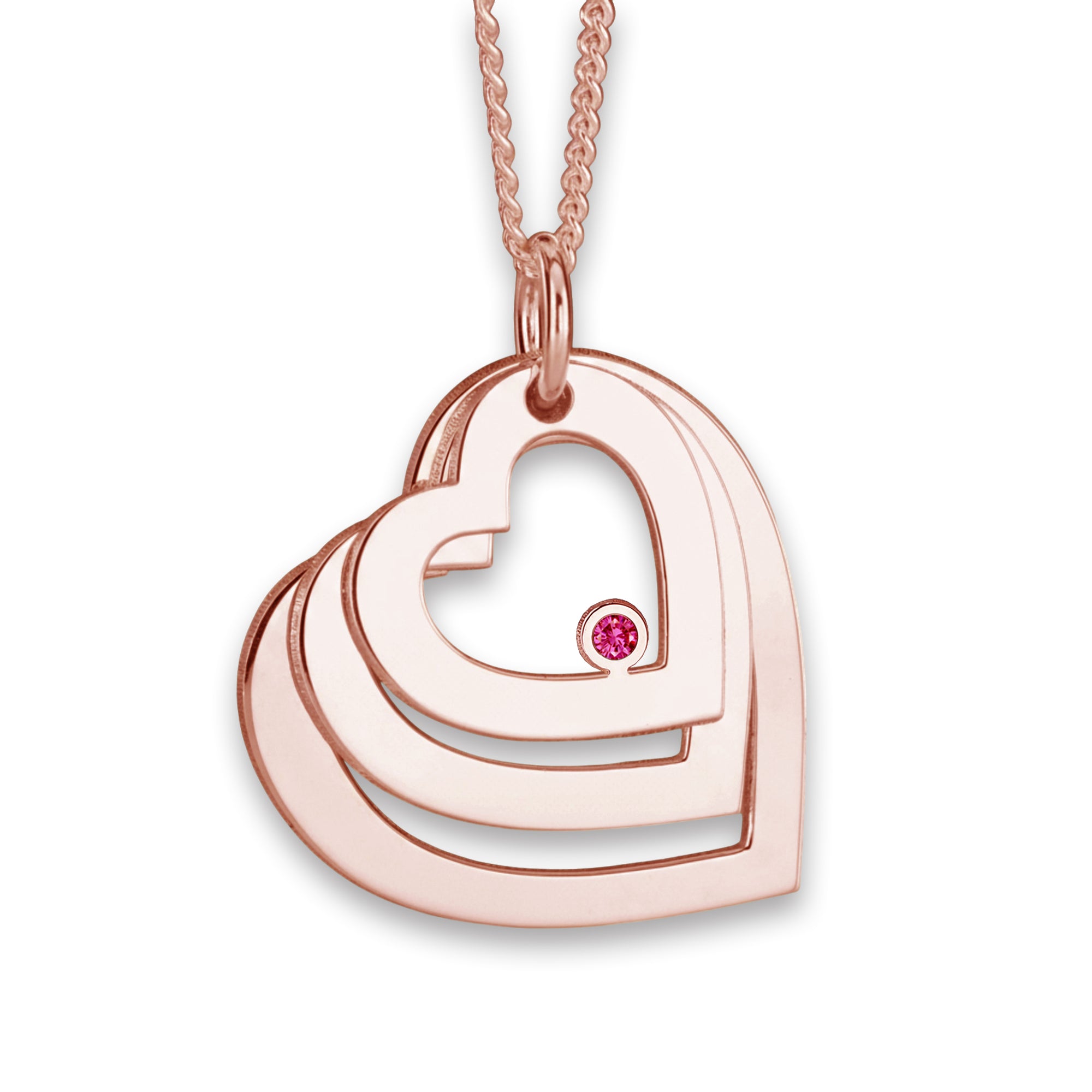 9ct Rose Gold Plated Engraved Triple Heart Pendant With Ruby & Optional Chain