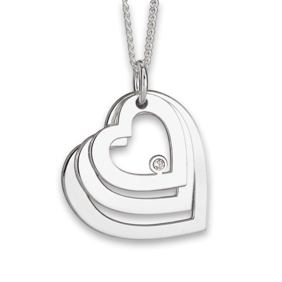 Sterling Silver Engraved Triple Heart Pendant With Crystal - Love Silver Jewellery