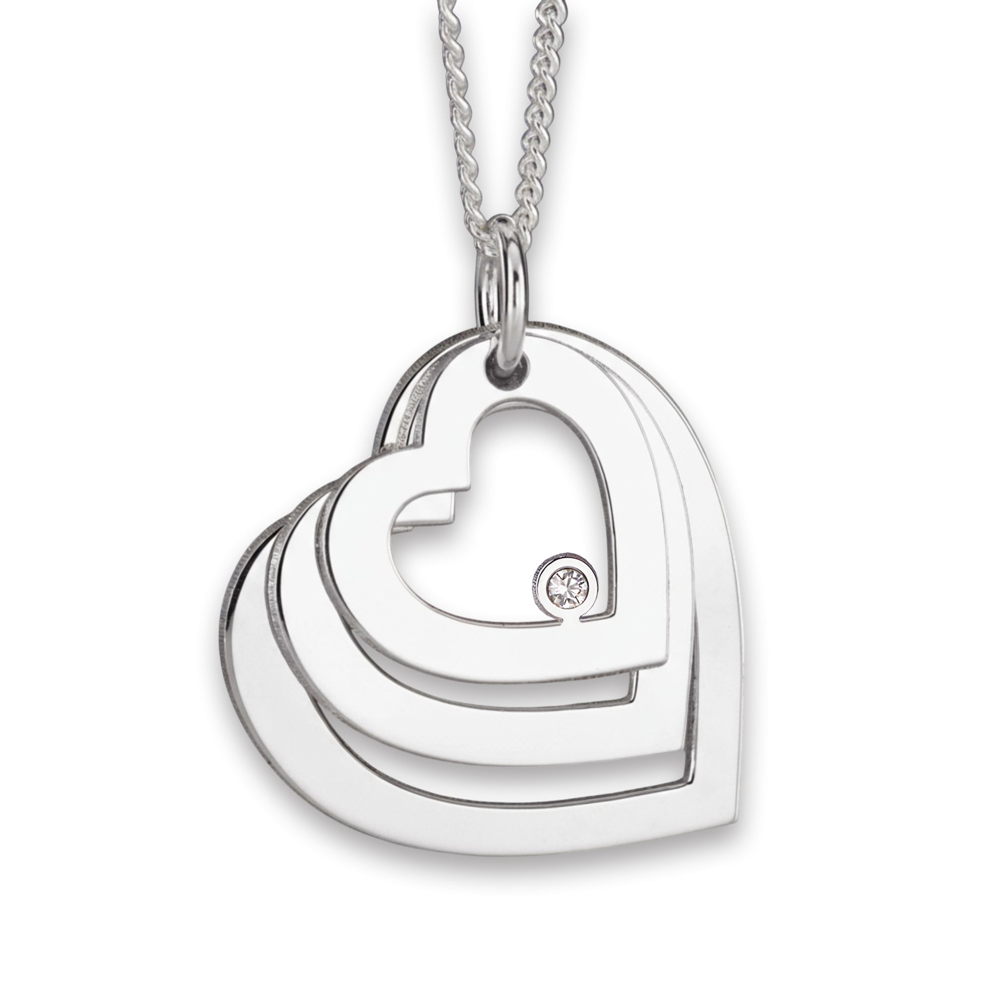 Sterling Silver Engraved Triple Heart Pendant With Diamond