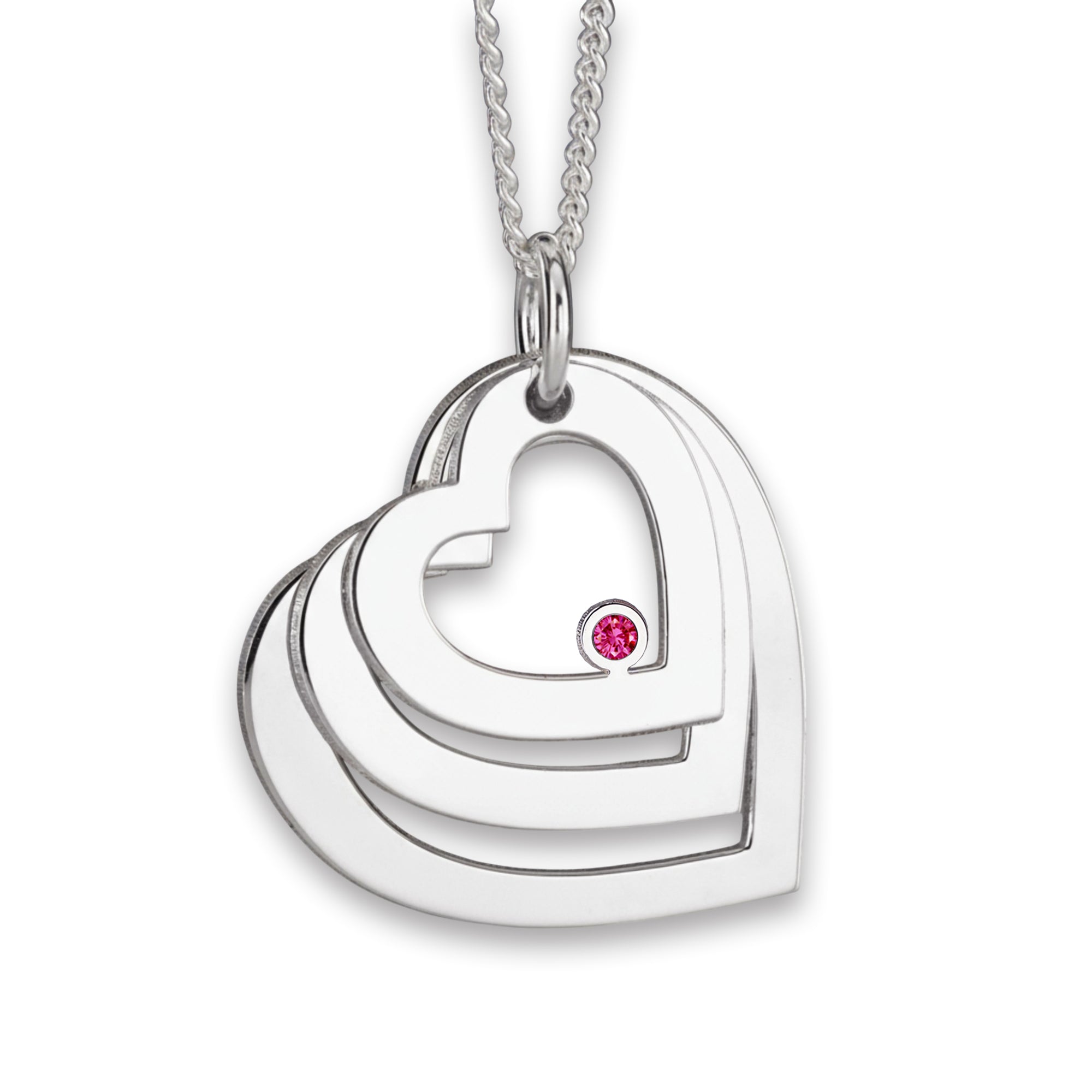 Sterling Silver Engraved Triple Heart Pendant With Ruby