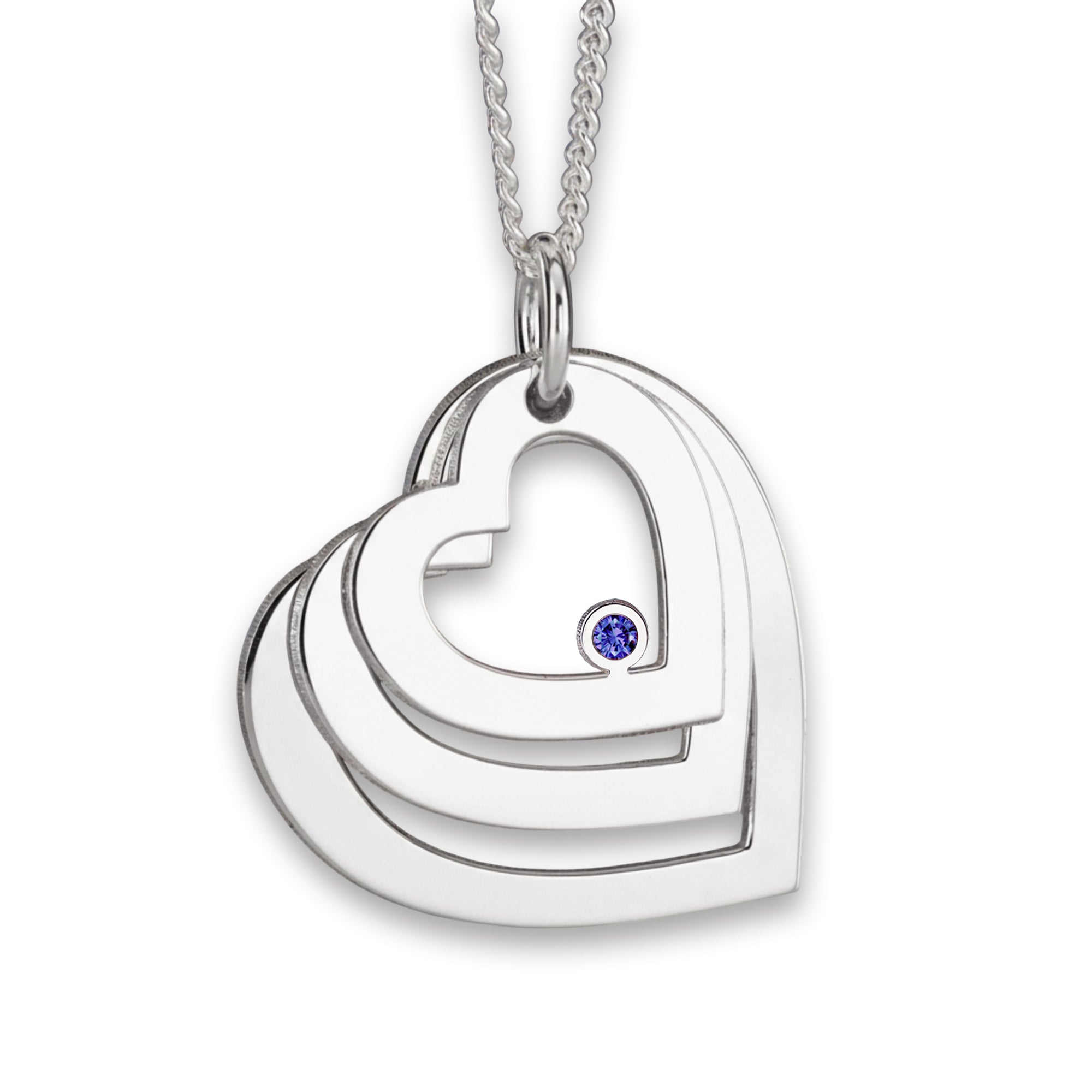 Sterling Silver Engraved Triple Heart Pendant With Sapphire