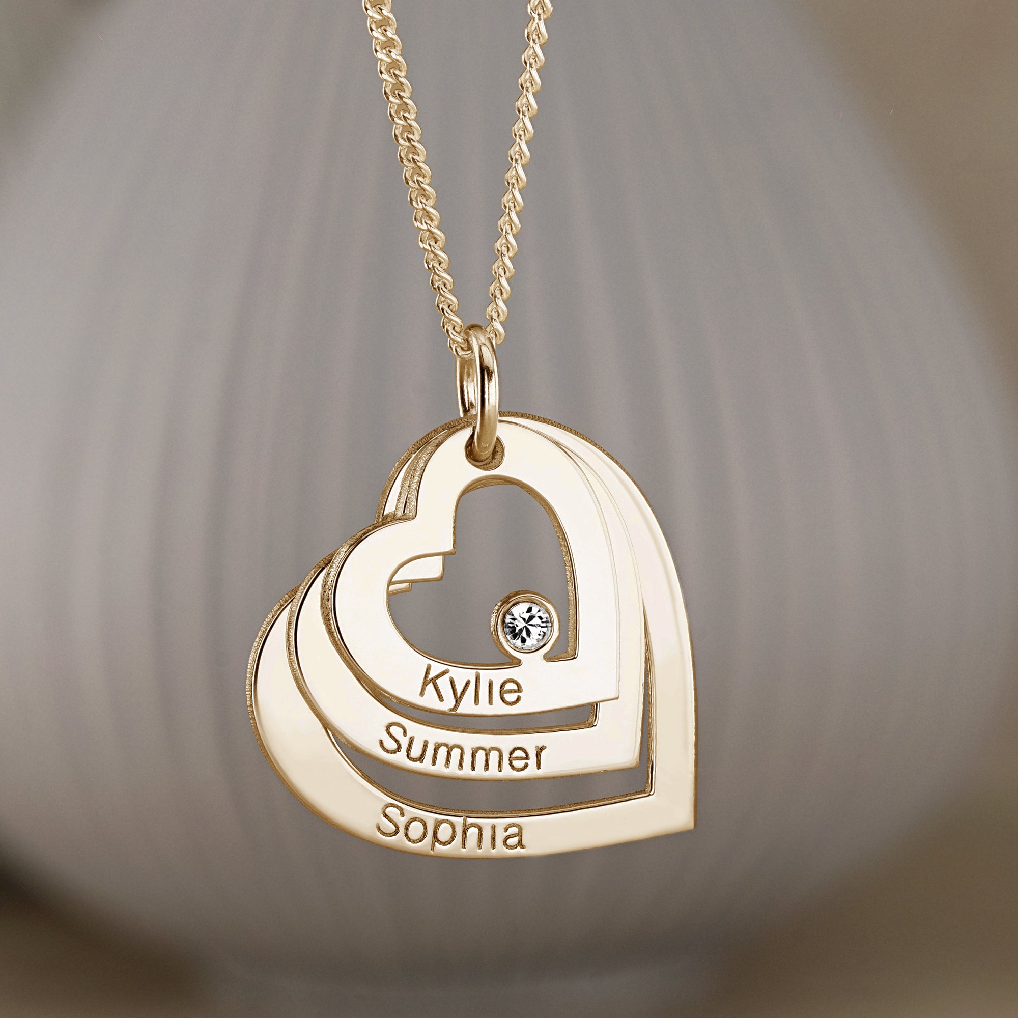 9ct Yellow Gold Plated Engraved Triple Heart Pendant With Diamond & Optional Chain