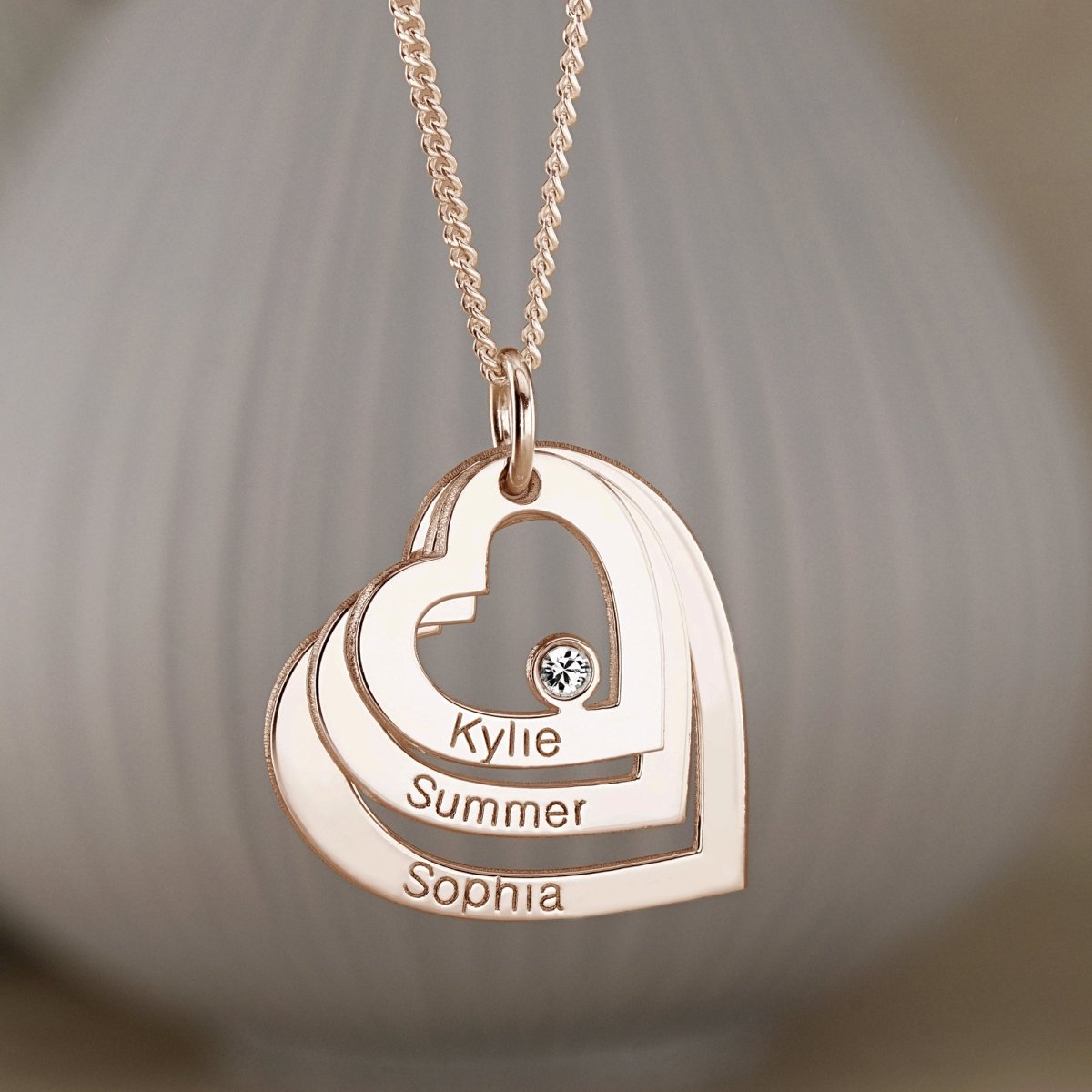 9ct Rose Gold Plated Engraved Triple Heart Pendant With Diamond & Optional Chain - Love Silver Jewellery