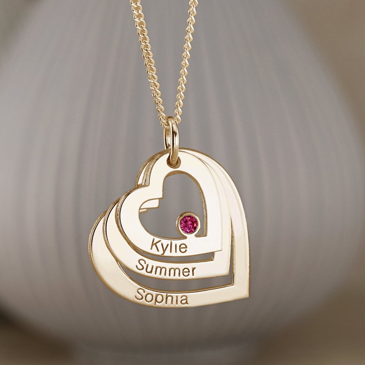 9ct Solid Yellow Gold Engraved Triple Heart Pendant With Ruby & Optional Chain - Love Silver Jewellery