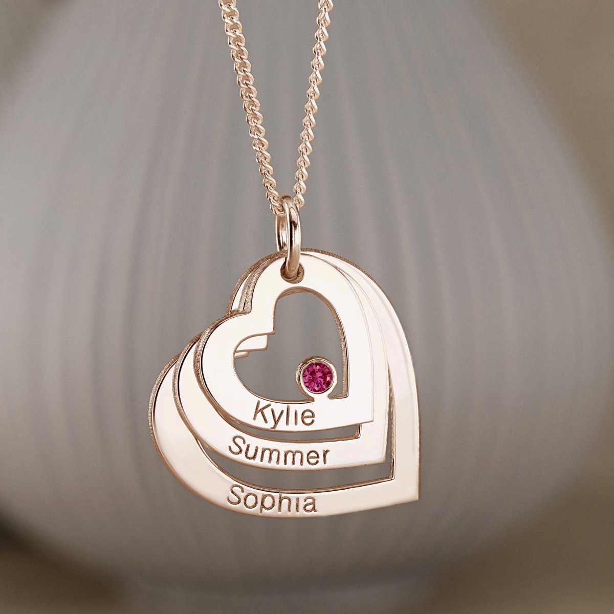 9ct Solid Rose Gold Engraved Triple Heart Pendant With Ruby & Optional Chain - Love Silver Jewellery