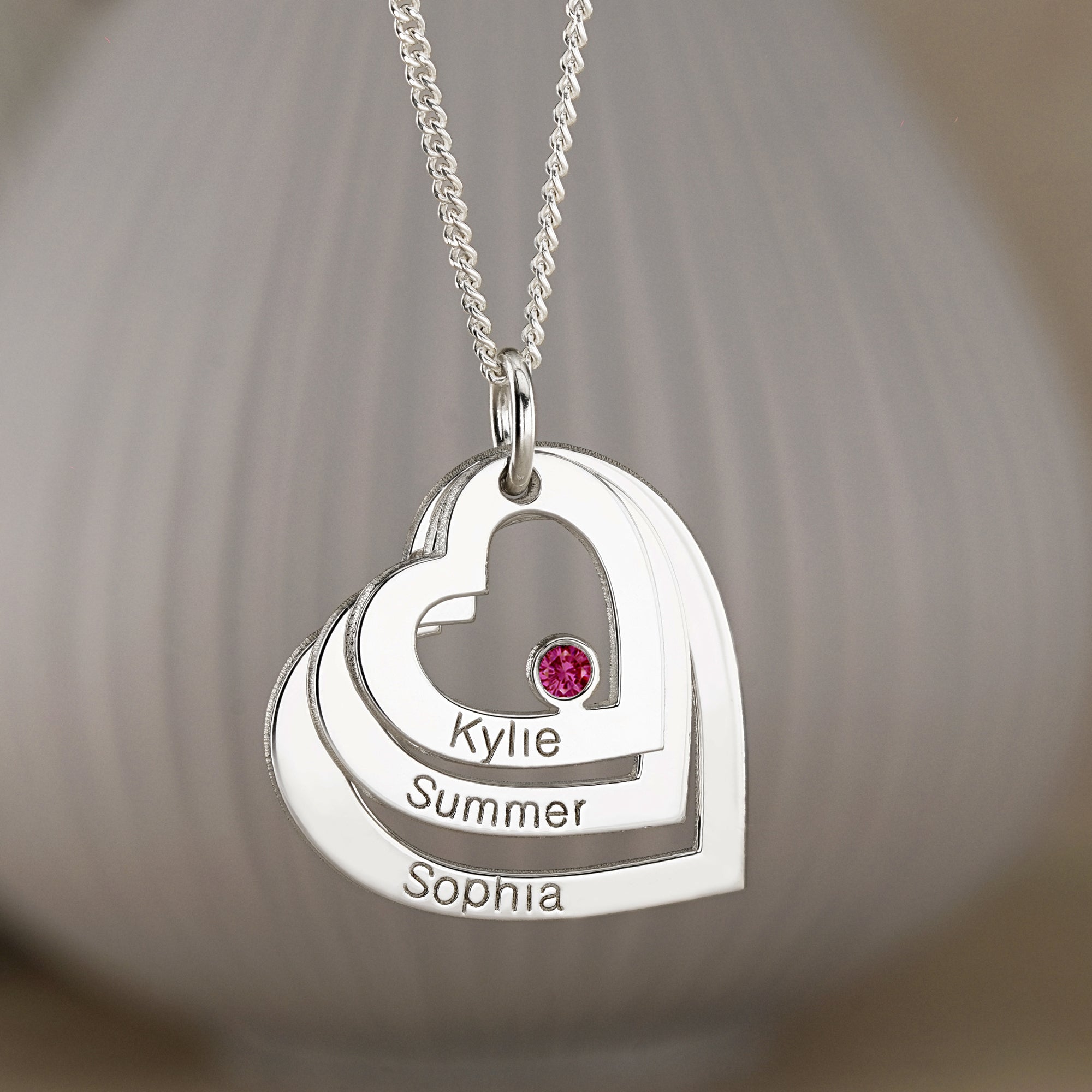 Sterling Silver Engraved Triple Heart Pendant With Ruby