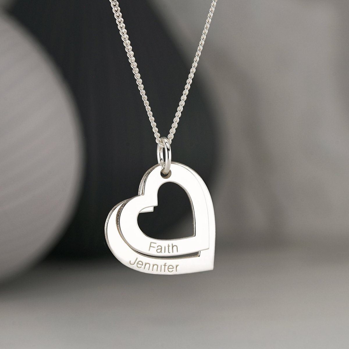 9ct White Gold Personalised Two Hearts Necklace - Love Silver Jewellery