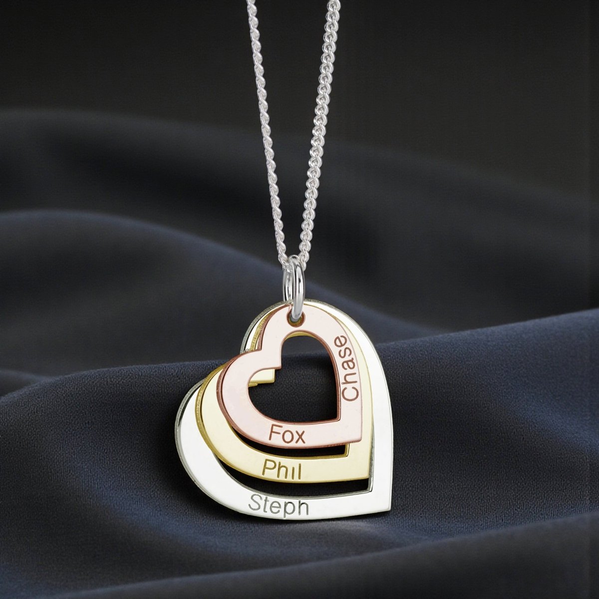 Three Colour 9ct Gold Triple Heart Personalised Family Necklace - Love Silver Jewellery
