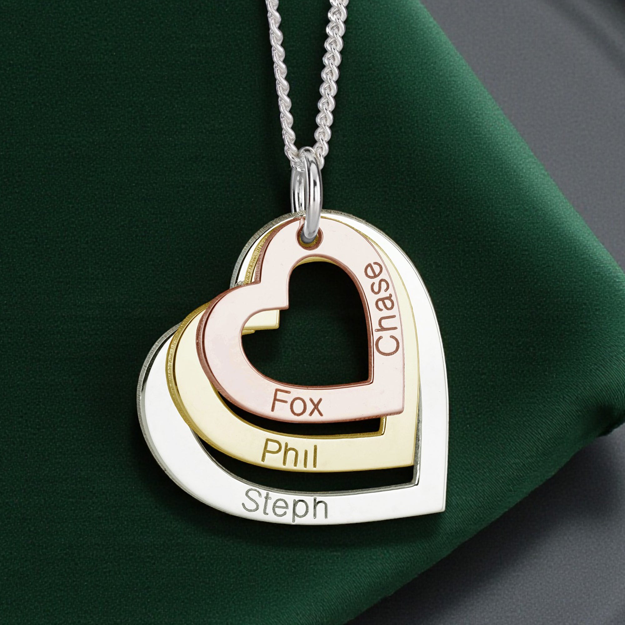 Three Colour 9ct Gold Triple Heart Personalised Family Necklace