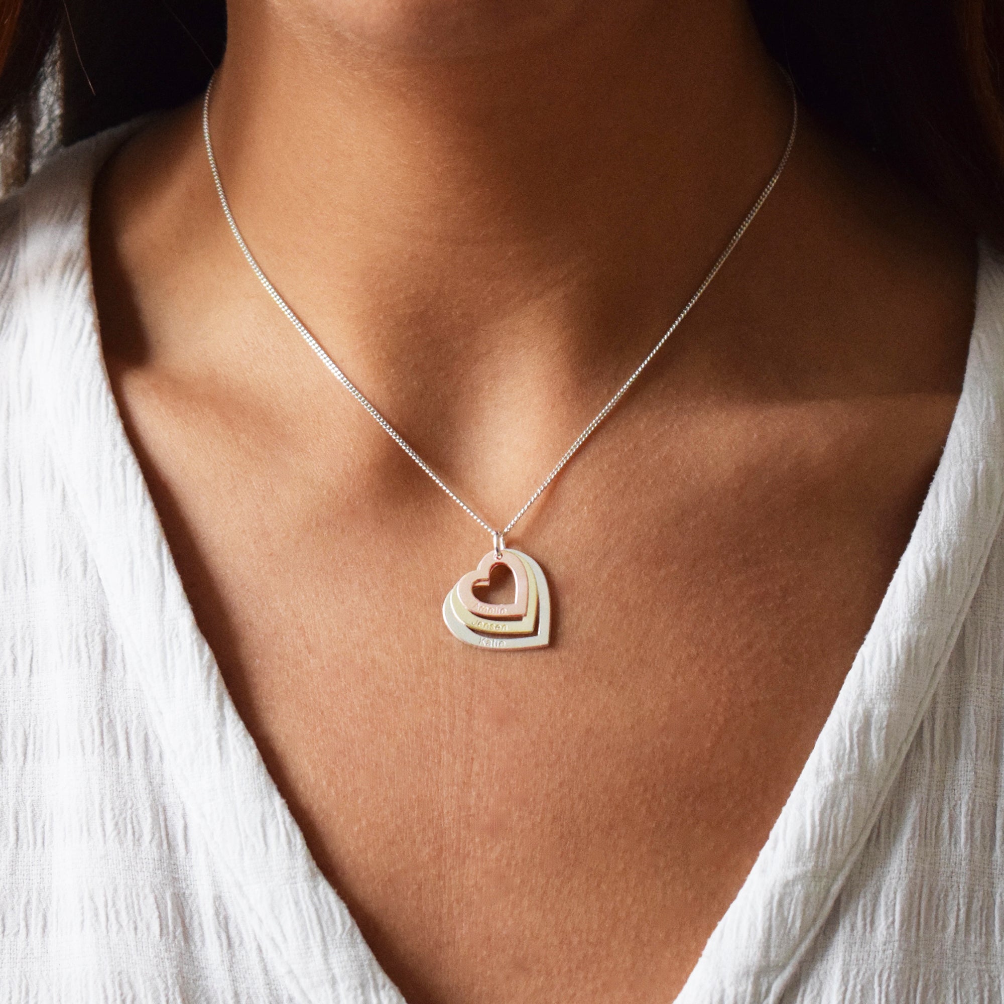 Three Colour 9ct Gold Triple Heart Personalised Family Necklace