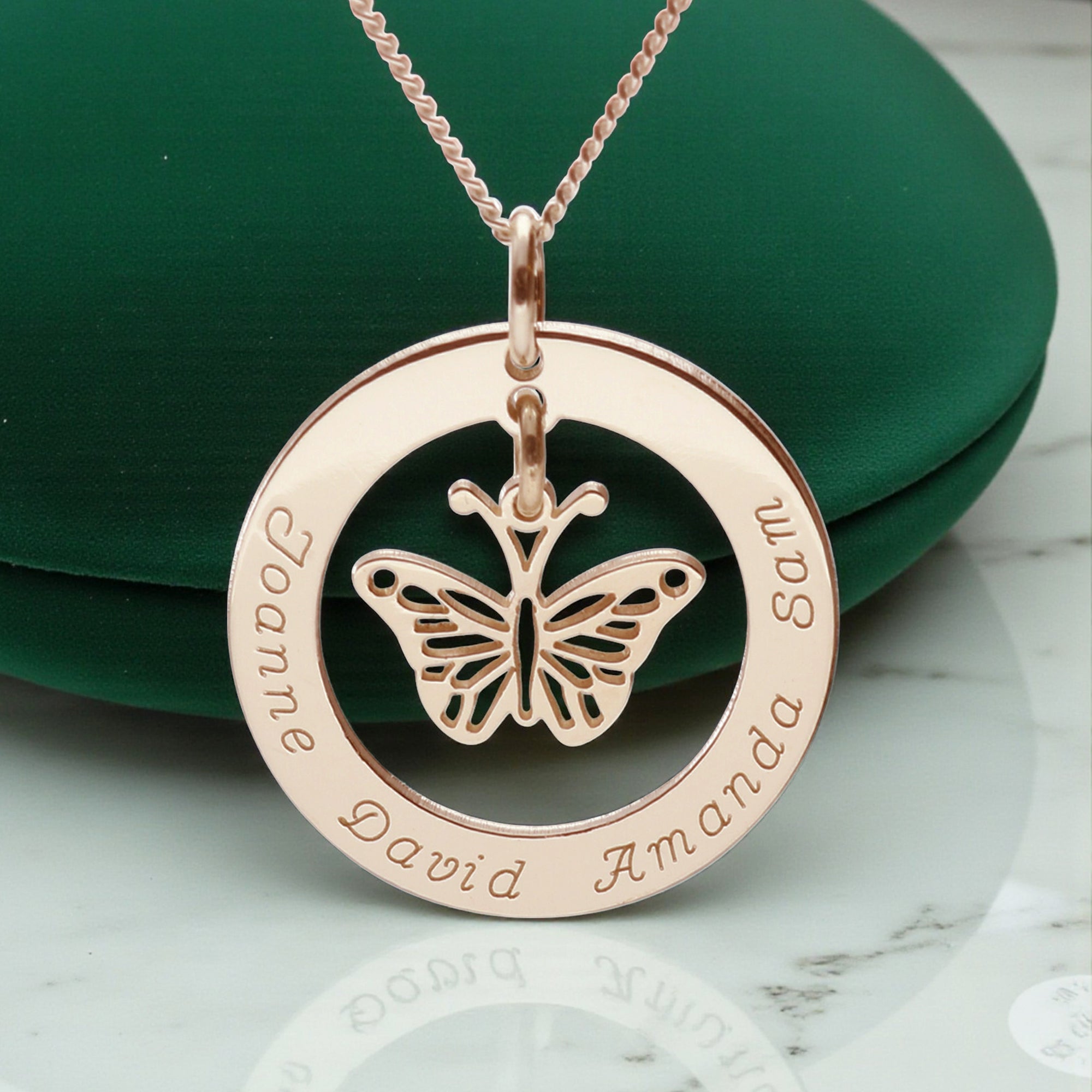 9ct Rose Gold Plated Personalised Disc With Hanging Butterfly Pendant Necklace