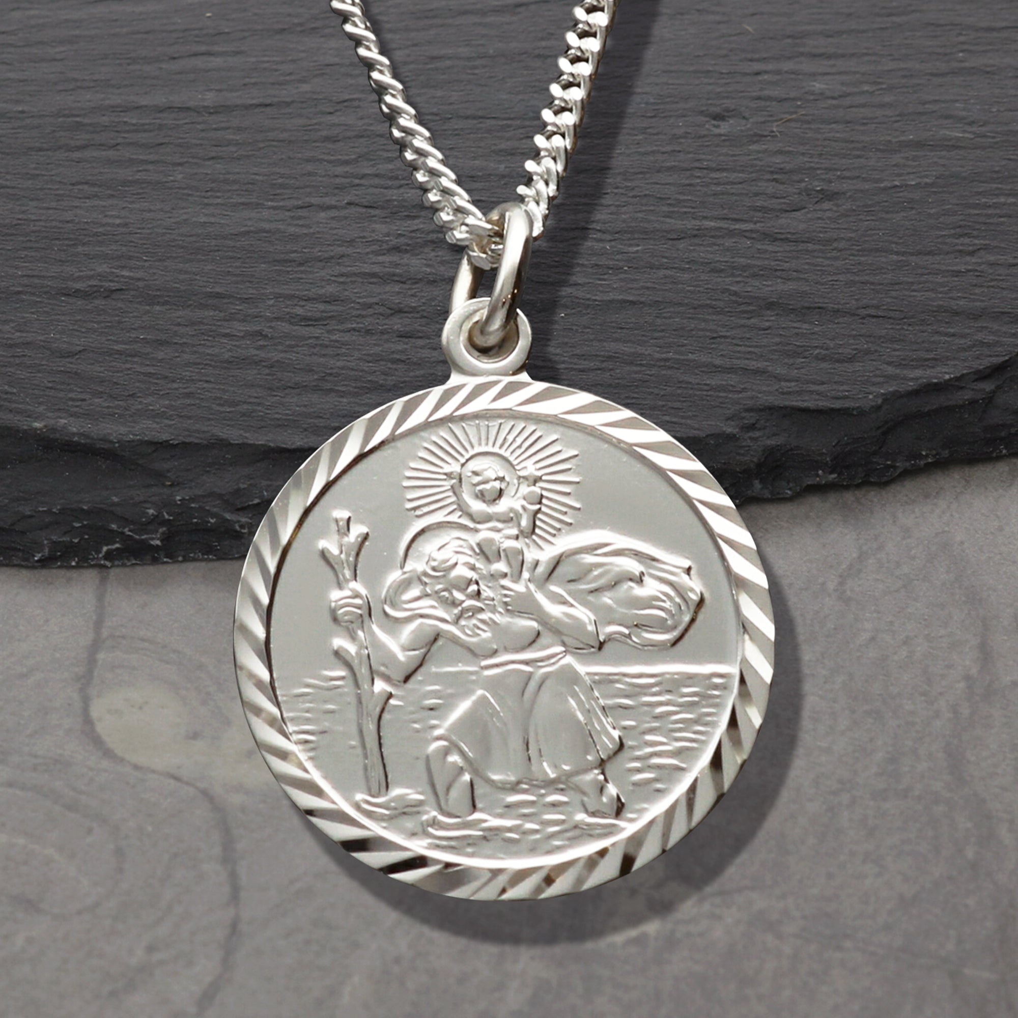 Sterling Silver Diamond Cut 19mm St Christopher Pendant With Optional Engraving and Chain