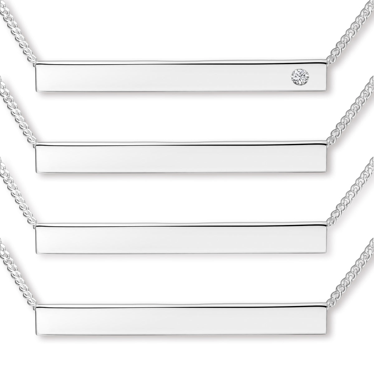 Sterling Silver 3D Horizontal Engraved Name Bar Pendant With Crystal or Real Diamond & Chain
