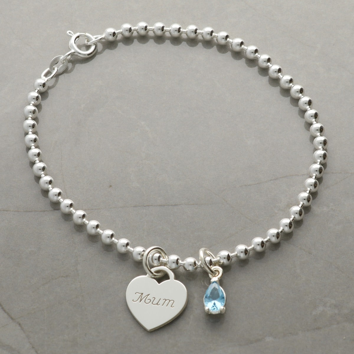 Sterling Silver Bead Ball Bracelet or Anklet with Engraved Heart and Birthstone