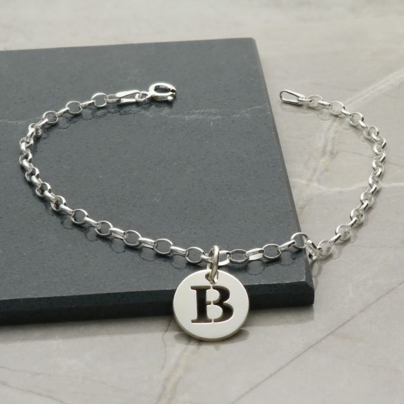 Sterling Silver Bracelet With Initial Disc Charm & Chain Style Choice