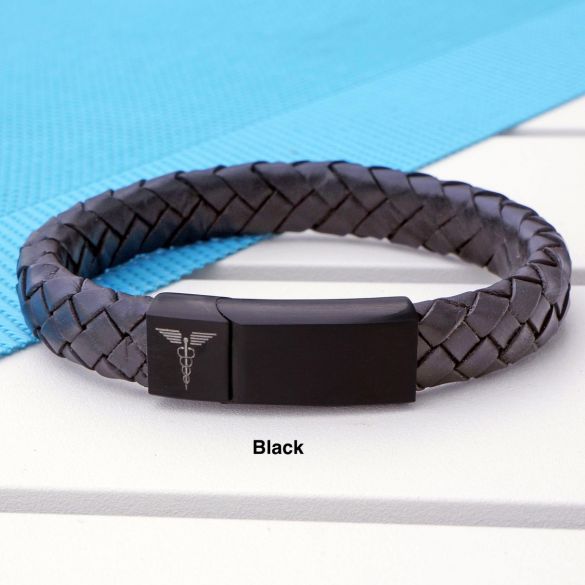 Unisex Leather and Stainless Steel Medic Bracelet with Free Engraving
