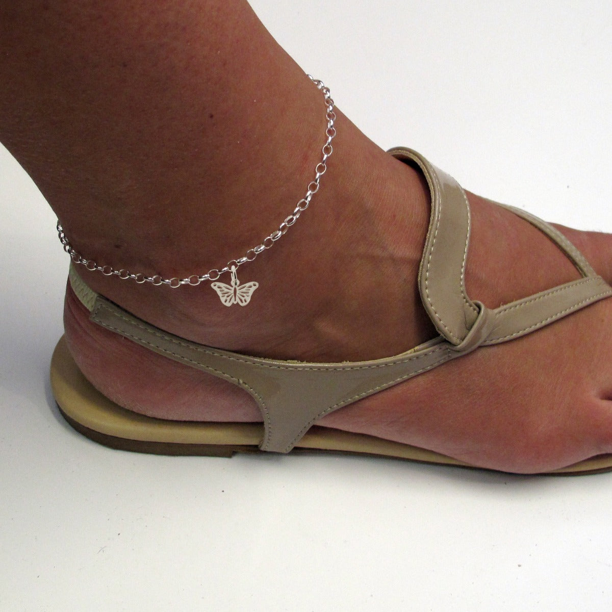 Sterling Silver Belcher Anklet With Butterfly Charm On Foot