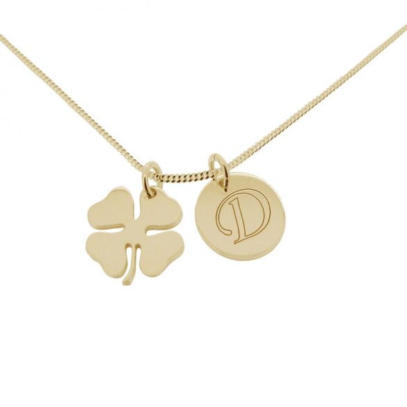 Lucky Clover and Engraved Initial Pendants With Chain