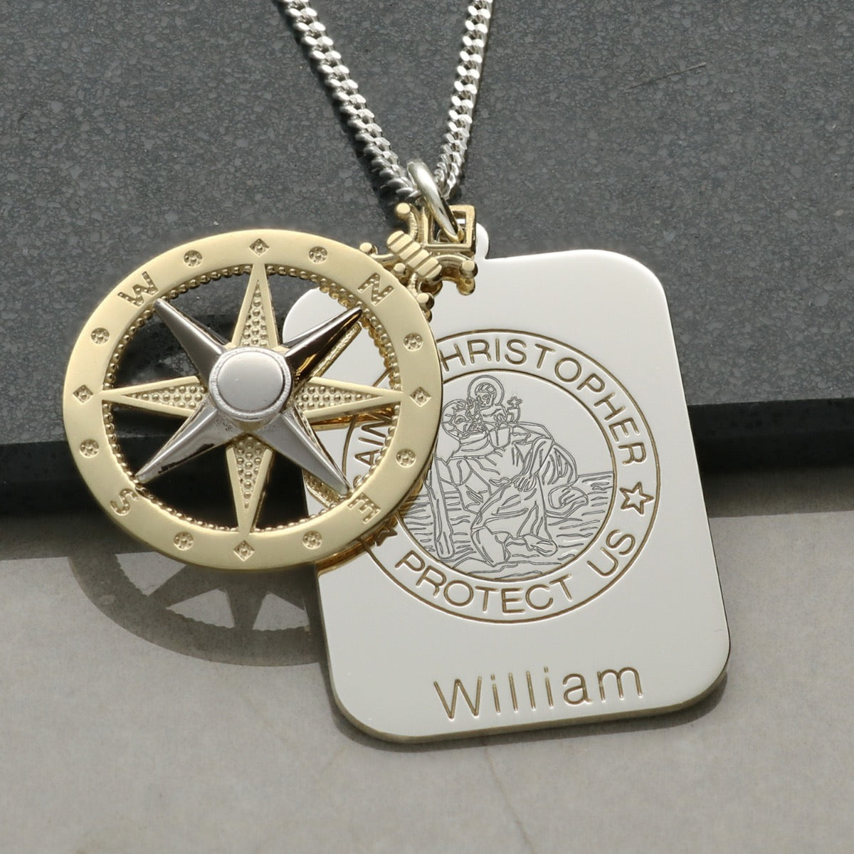 9ct Gold 3D Compass with Sterling Silver Concealed St Christopher Pendant & Chain