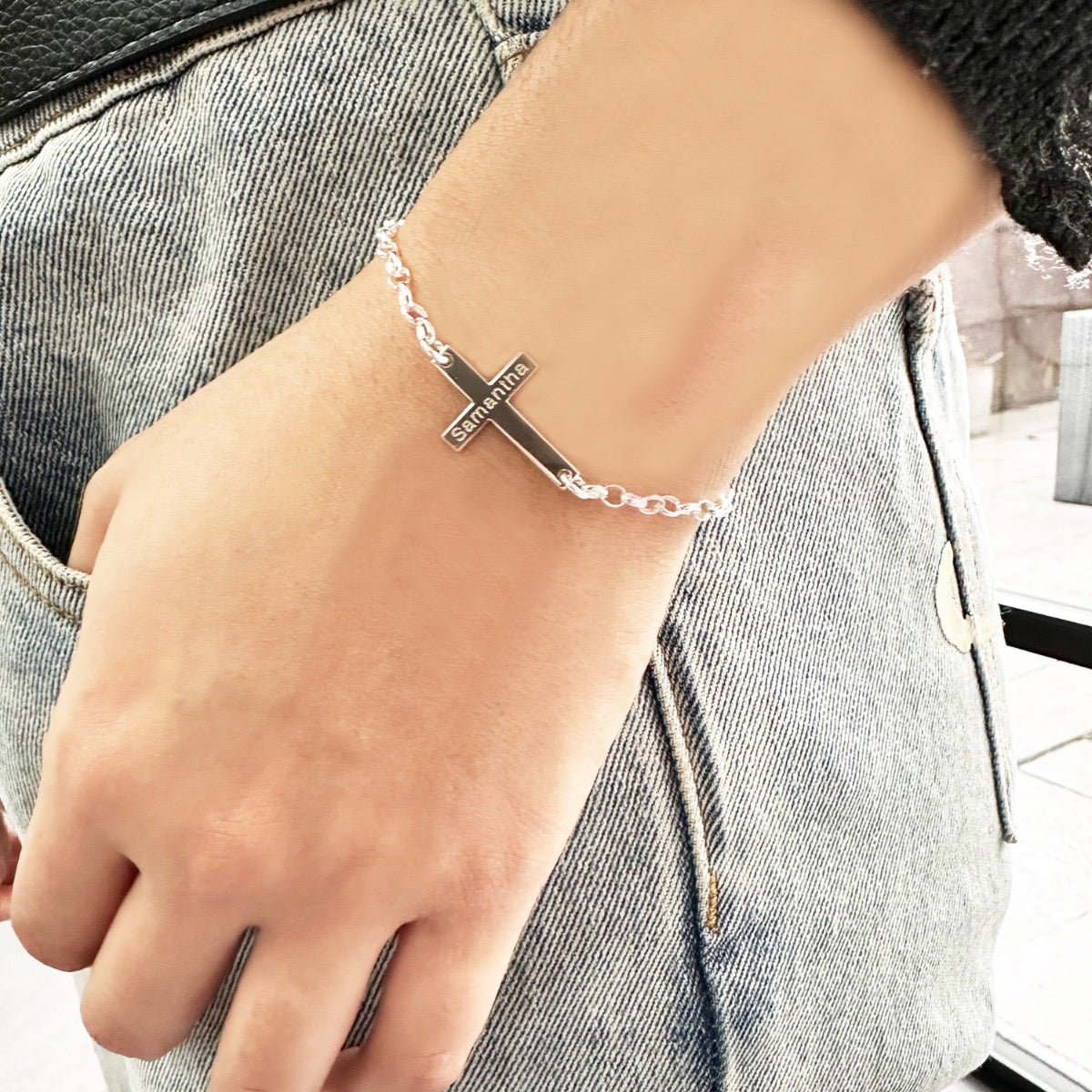 Sterling Silver Mens or Womens Engraved Cross Bracelet
